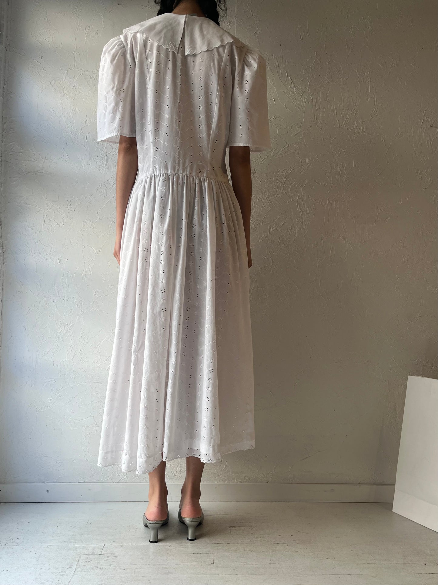 80s ‘Dayworks’ White Eyelet Midi Dress / Medium