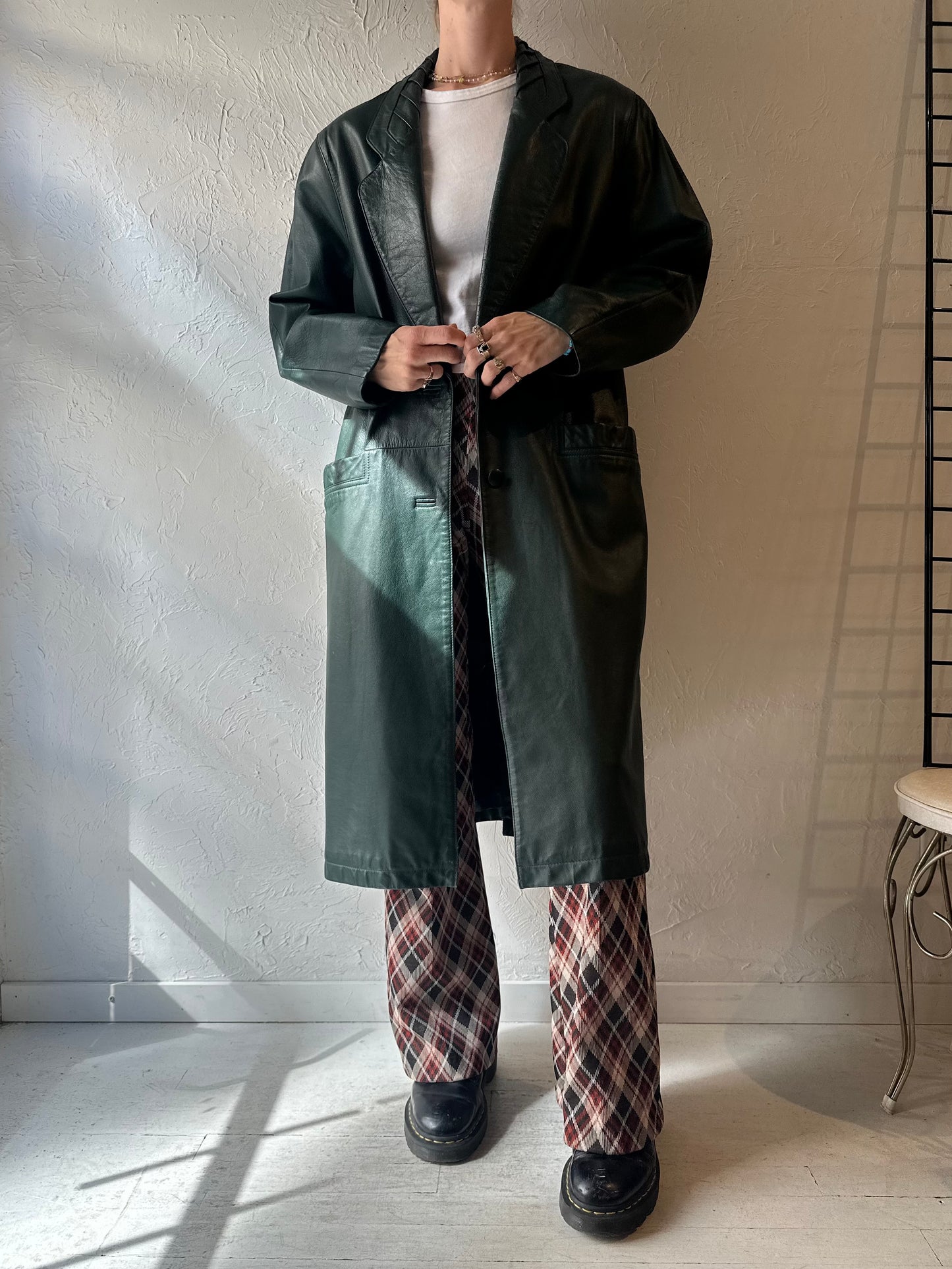 90s 'Charles Klein' Green Leather Coat / Medium