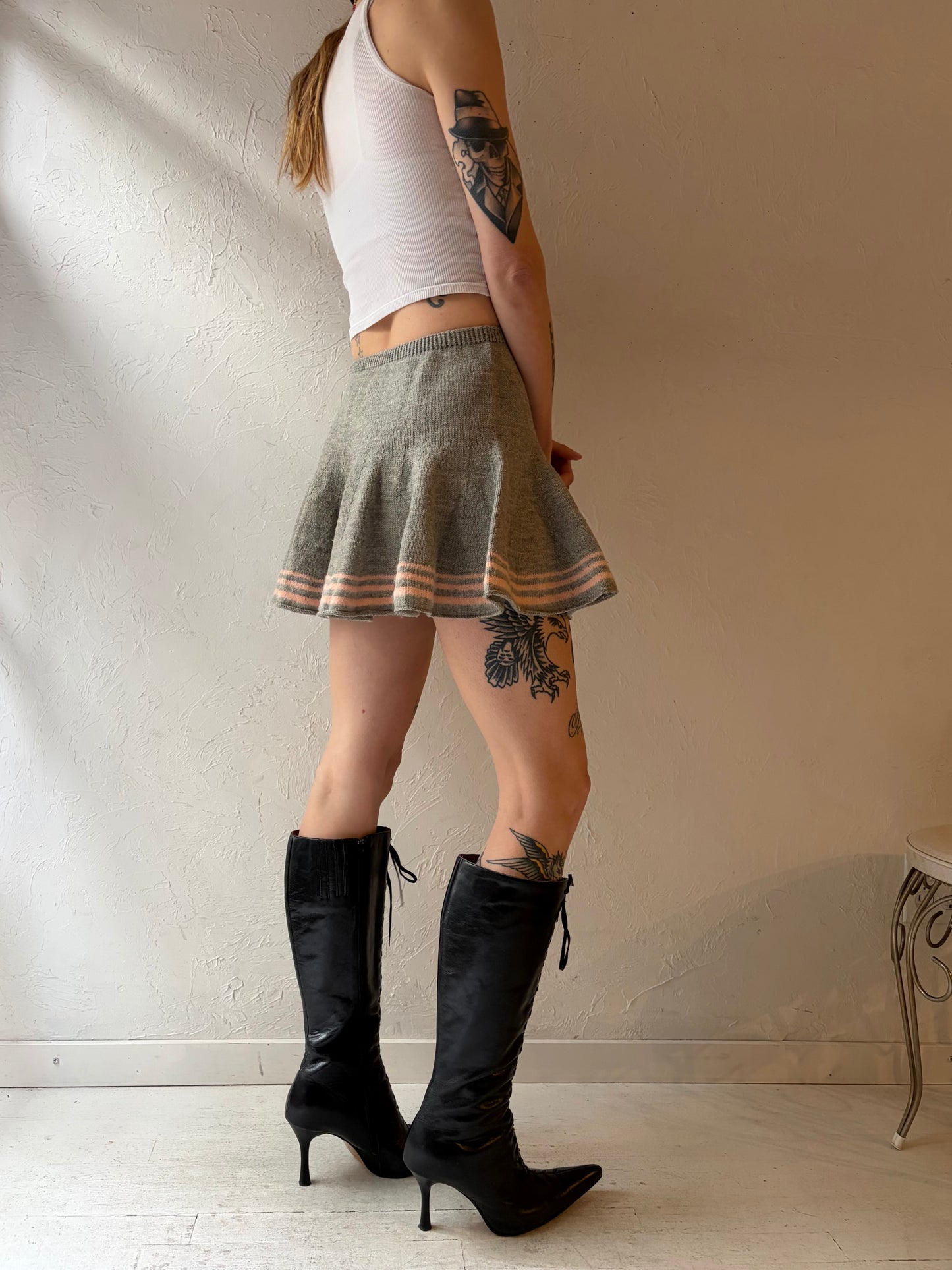 60s Handmade Grey Knit Winter Tennis Skirt / Small