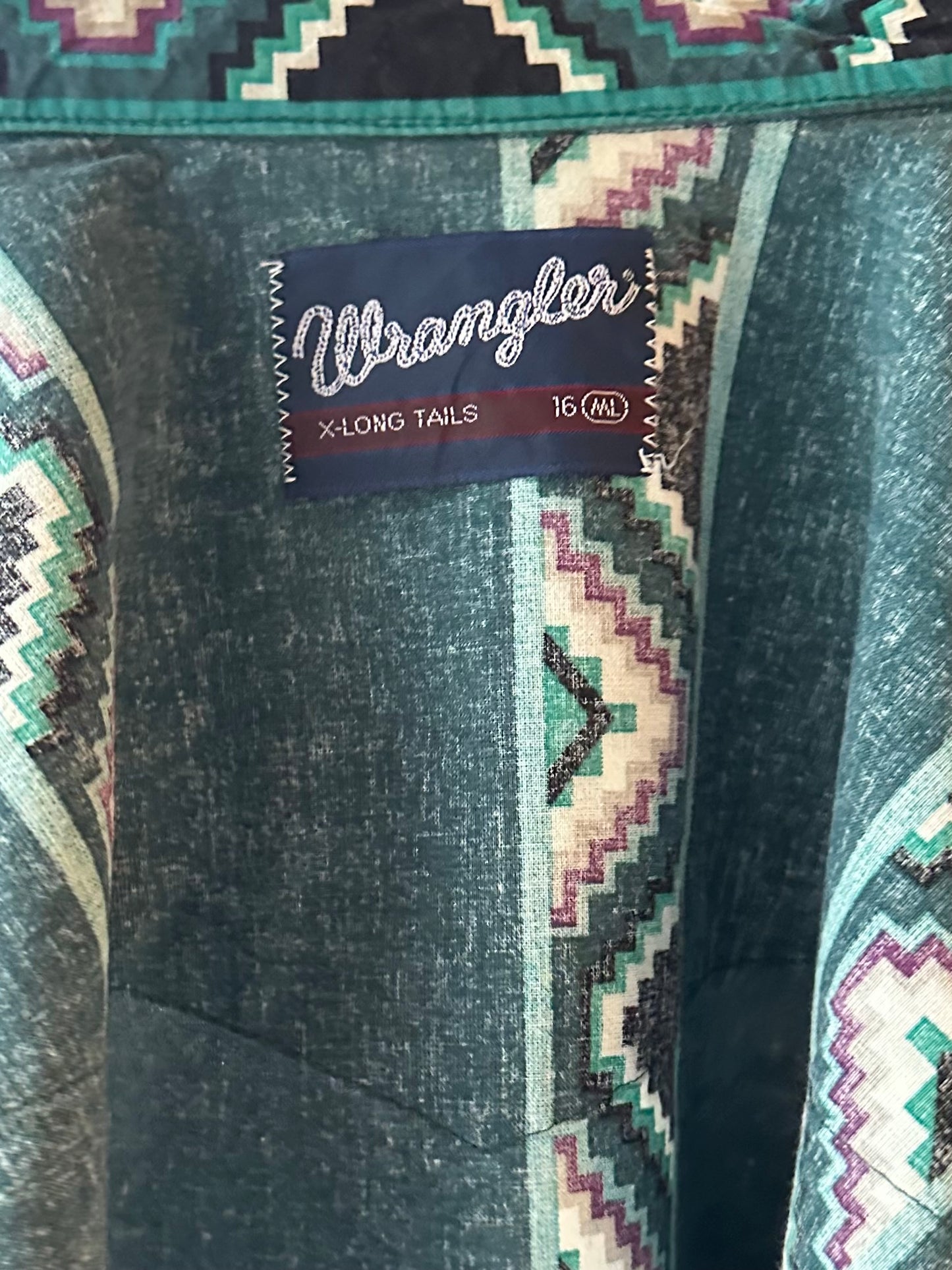 80s 'Wrangler' Green Aztec Short Sleeve Shirt / Medium