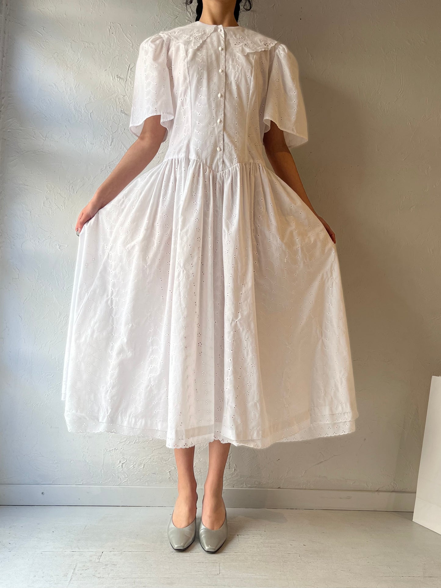80s ‘Dayworks’ White Eyelet Midi Dress / Medium