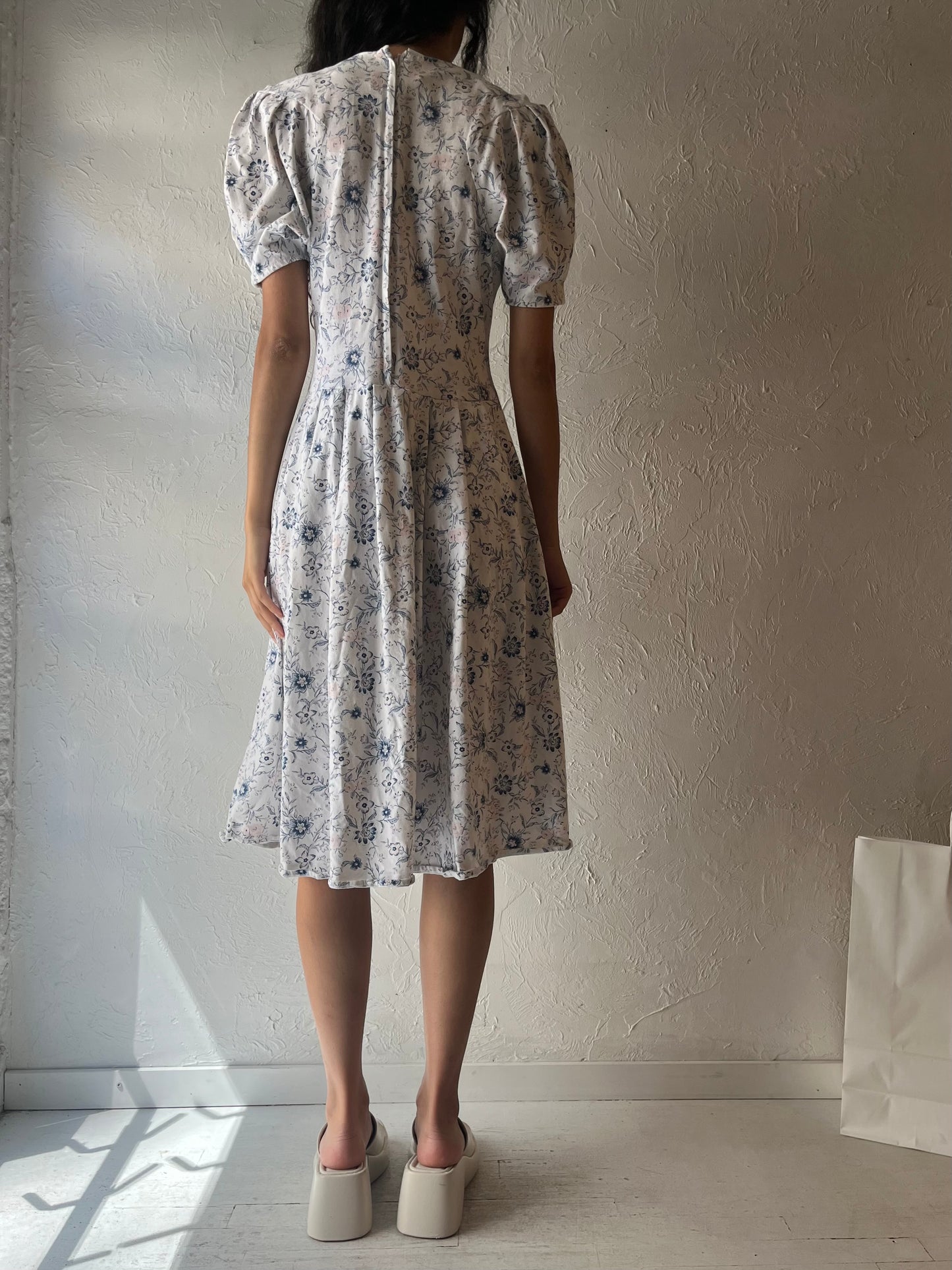 90s ‘Byer Too’ White Floral Puff Sleeve Dress / Medium