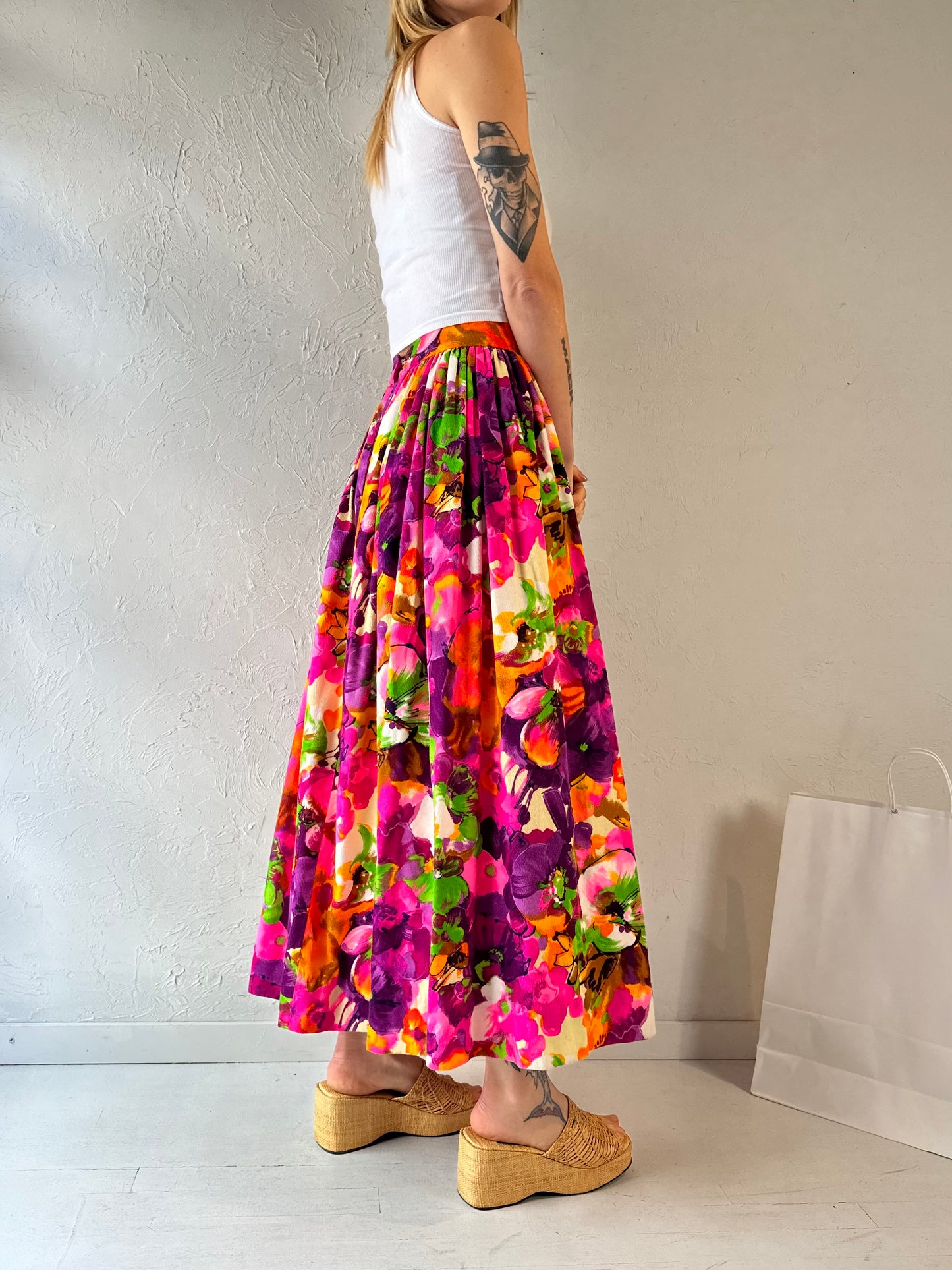 70s Handmade Floral Midi Skirt / Small