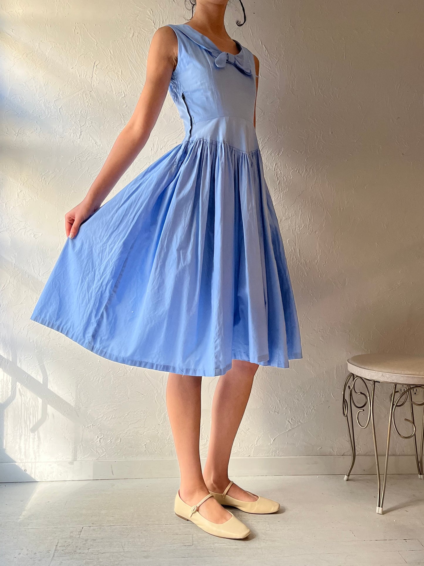 Vintage Retro Handmade Blue Cotton Tea Dress / Small