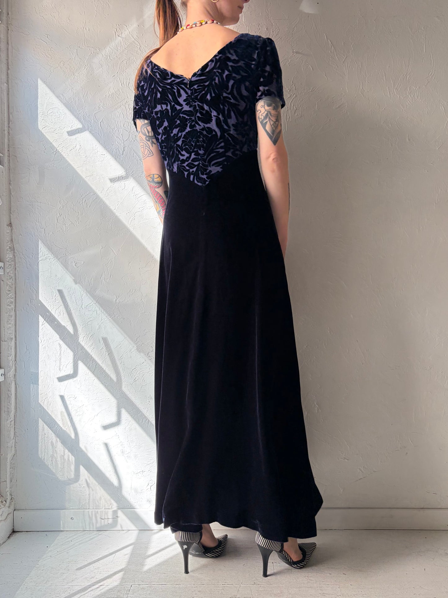 90s Purple Burnt Velvet Maxi Dress / Small