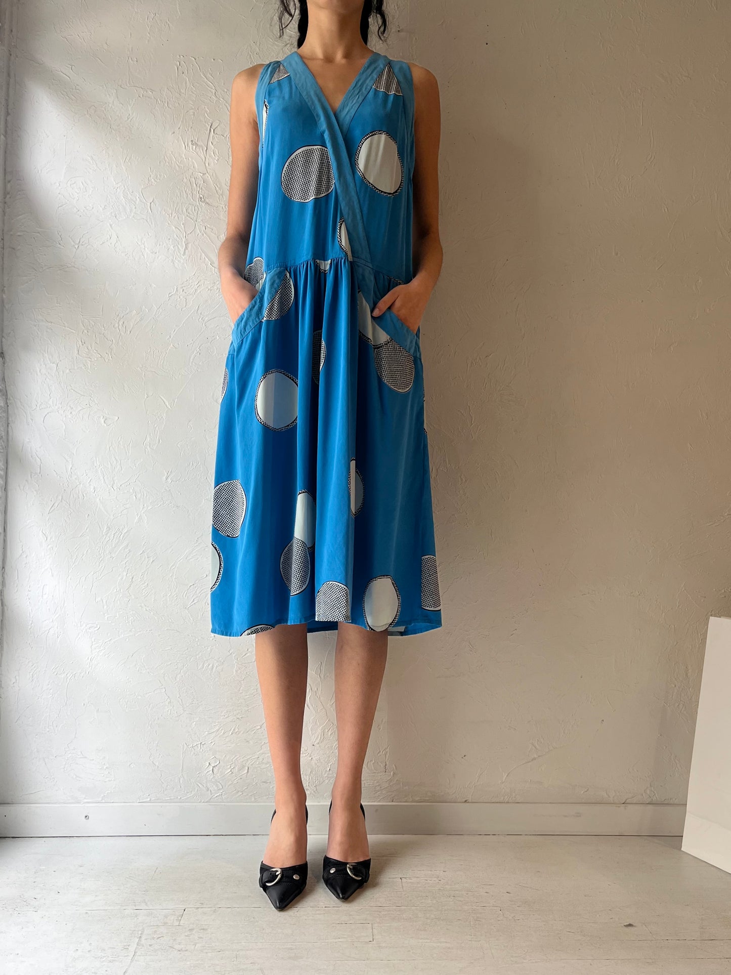 90s ‘Soo Yung Lee’ Blue Patterned Silk Dress / Small