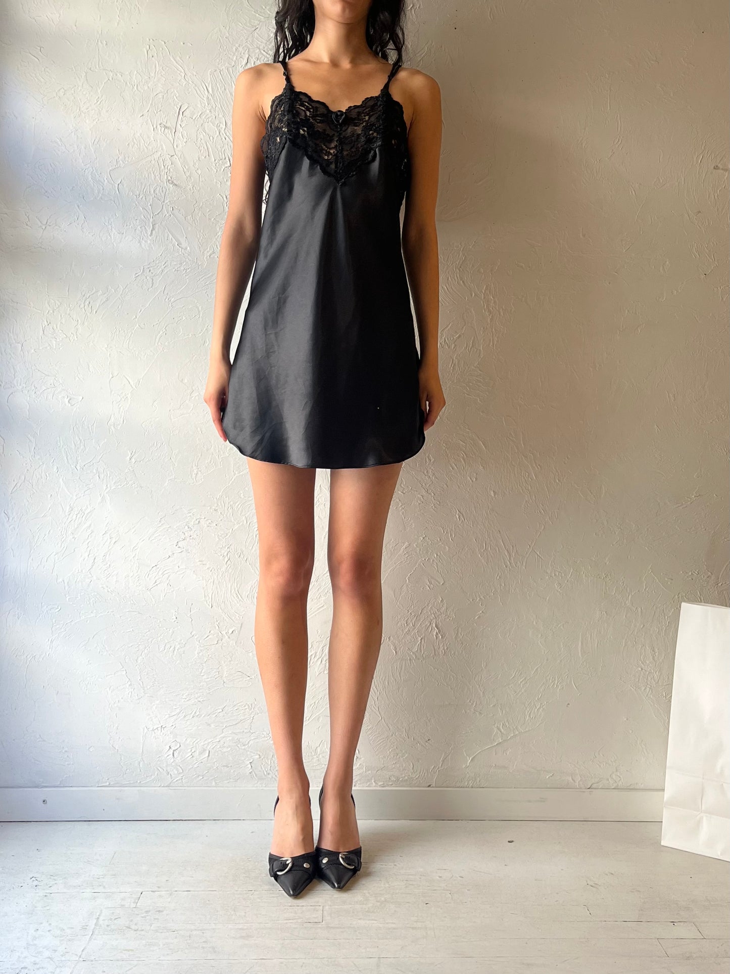 90s ‘Dentelle’ Black Mini Slip Dress / Small