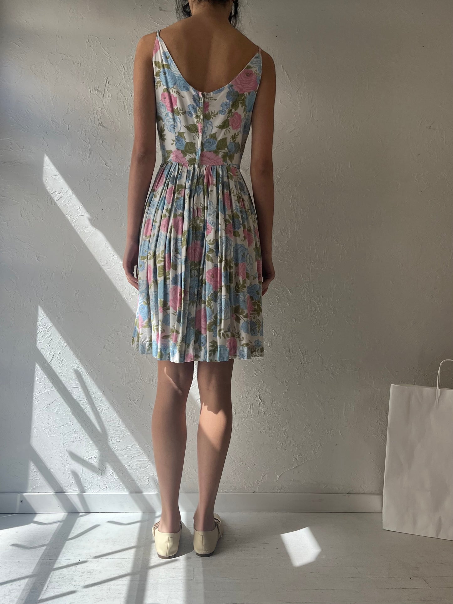 60s Cotton Floral Print A line Spaghetti Strapped Sun Dress / Small