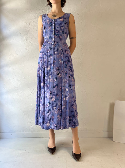 90s 'All That Jazz' Purple Floral Print Dress / Medium