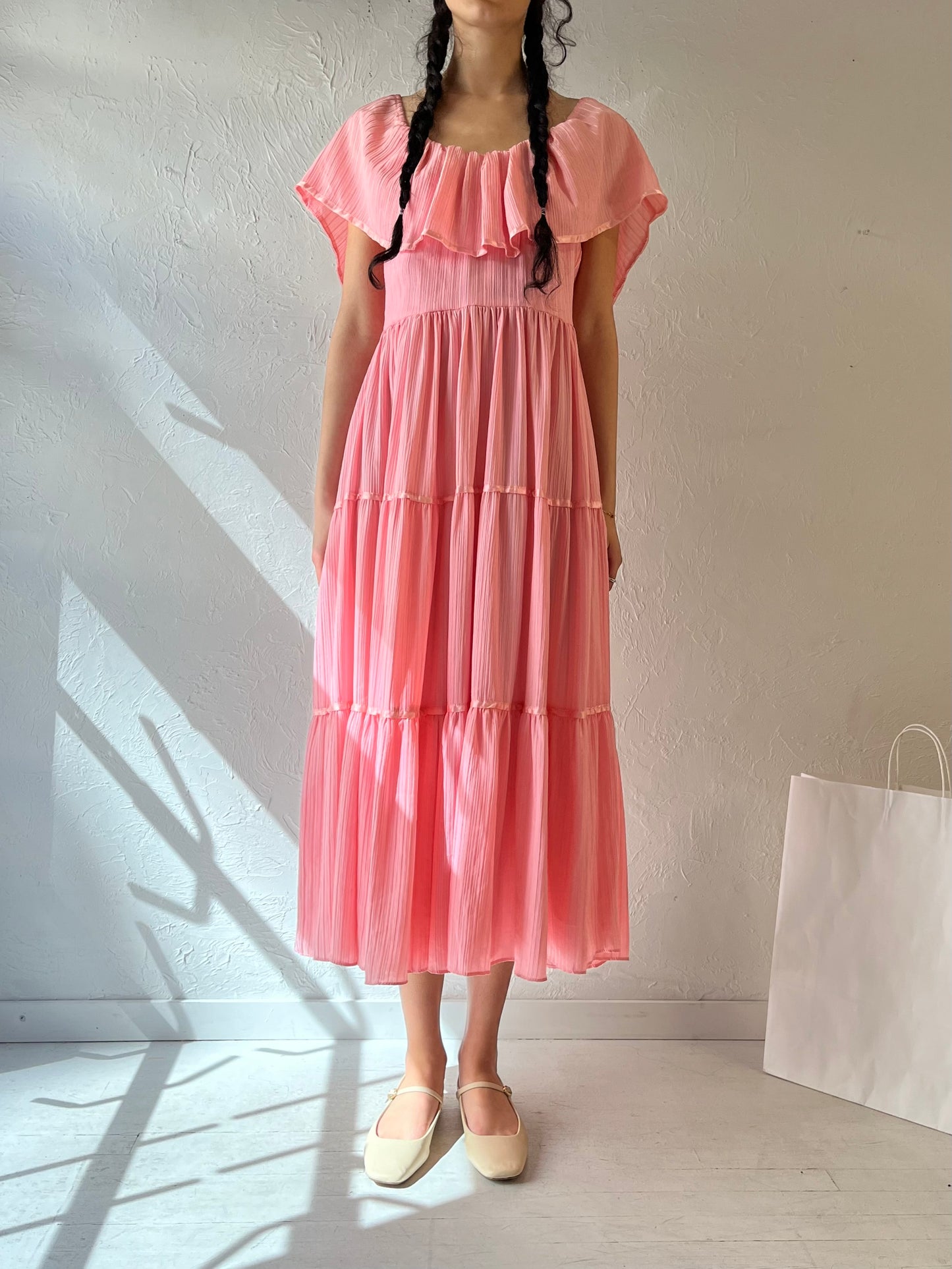 70s Handmade Pink Tiered Dress / Medium