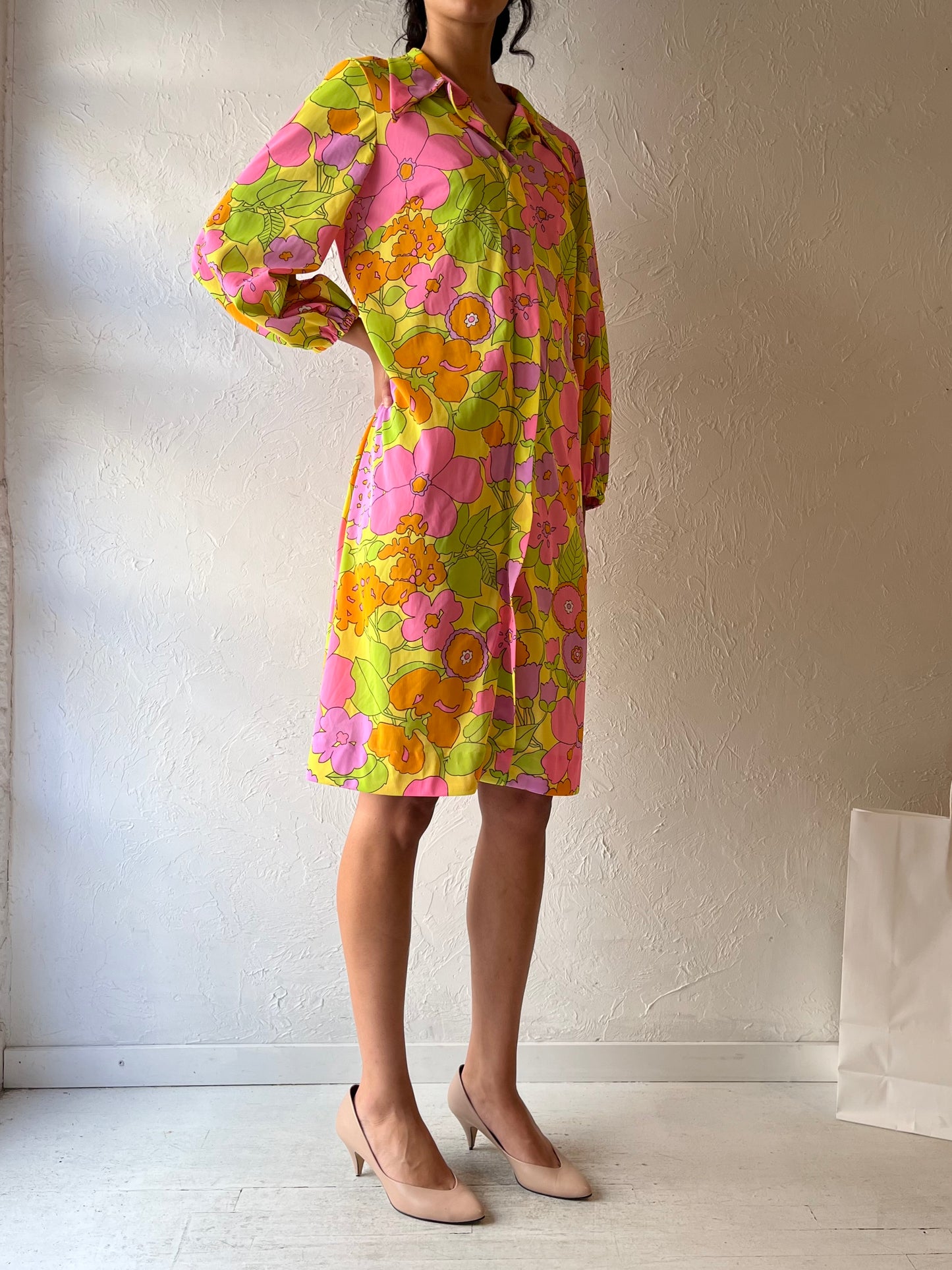 70s ‘Le Voys’ Retro Long Sleeve Shirt Dress / Medium
