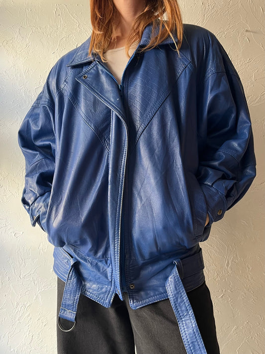 80s Blue Leather Bomber Jacket / Small