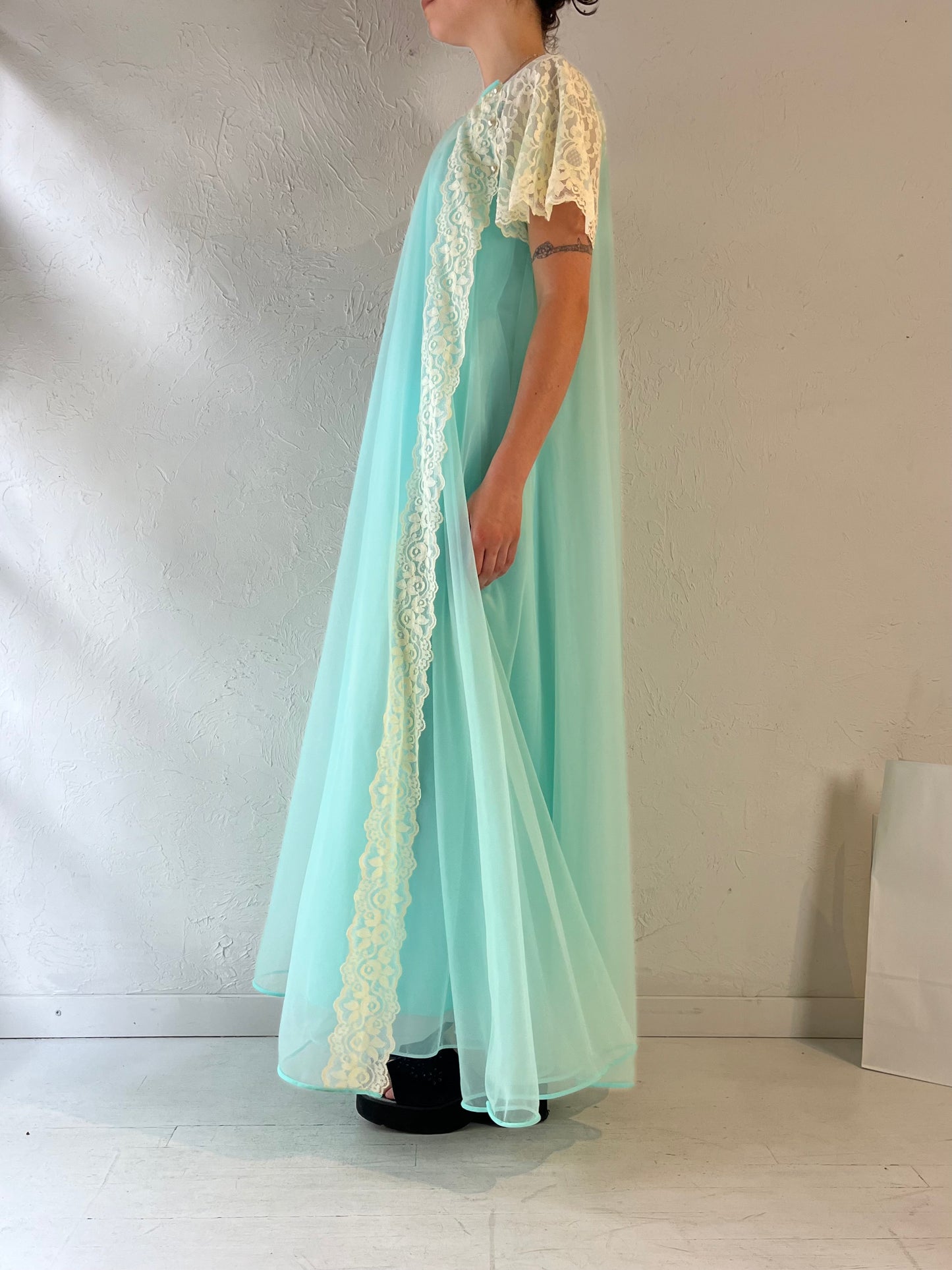 80s 'Linda Lingerie' Blue Night Gown Robe Set / Small - Medium