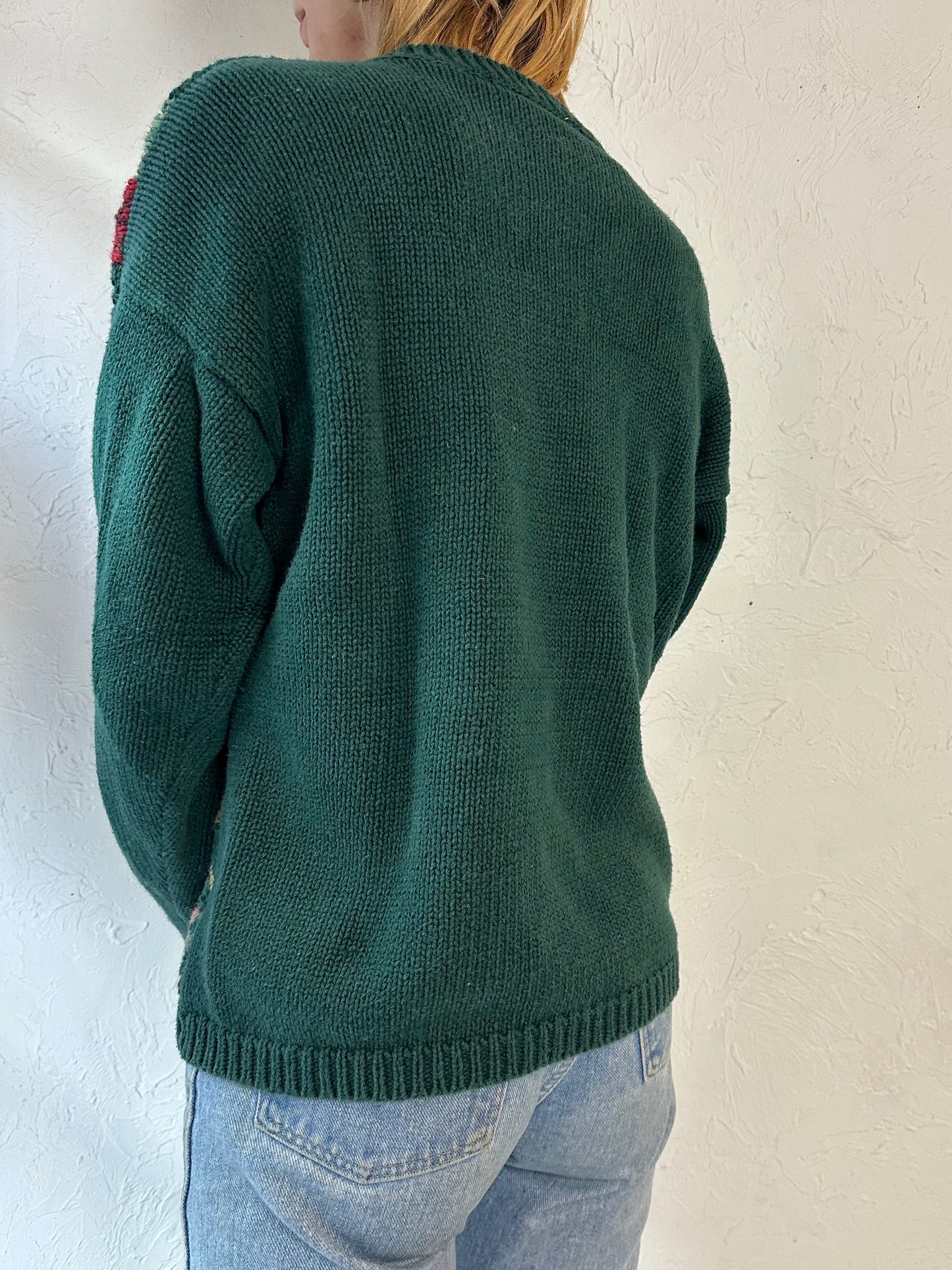 Y2K 'Rachel Max' Green Floral Knit Sweater / Medium