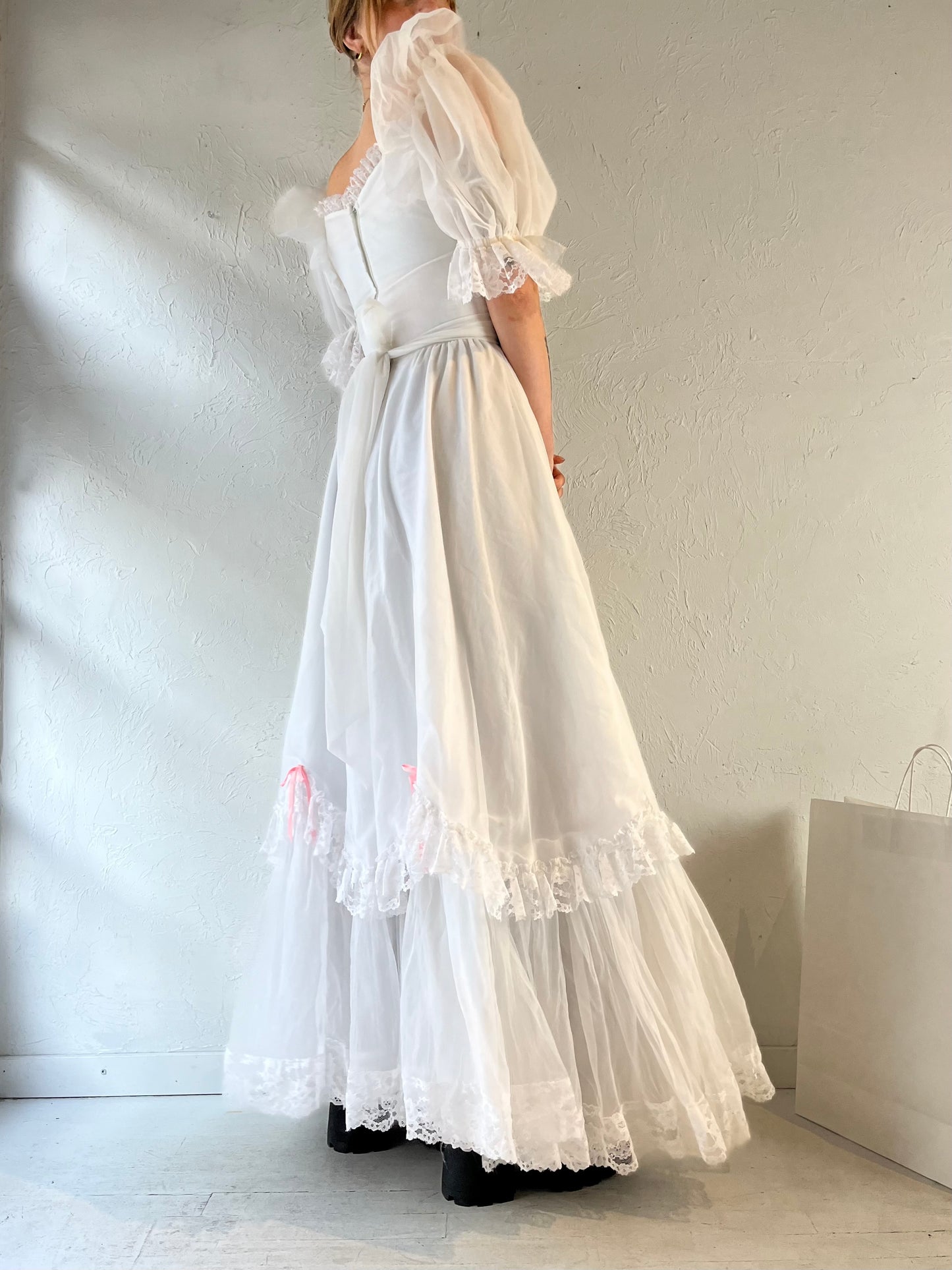 70s White Puff Sleeve Romantic Maxi Dress / Small