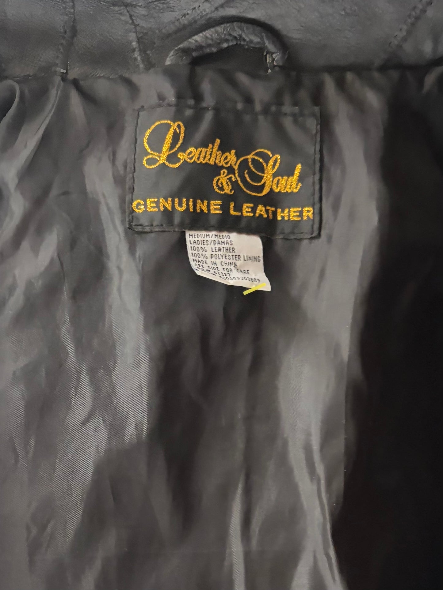 90s 'Leather & Soul' Black Patchwork Leather Jacket / Medium