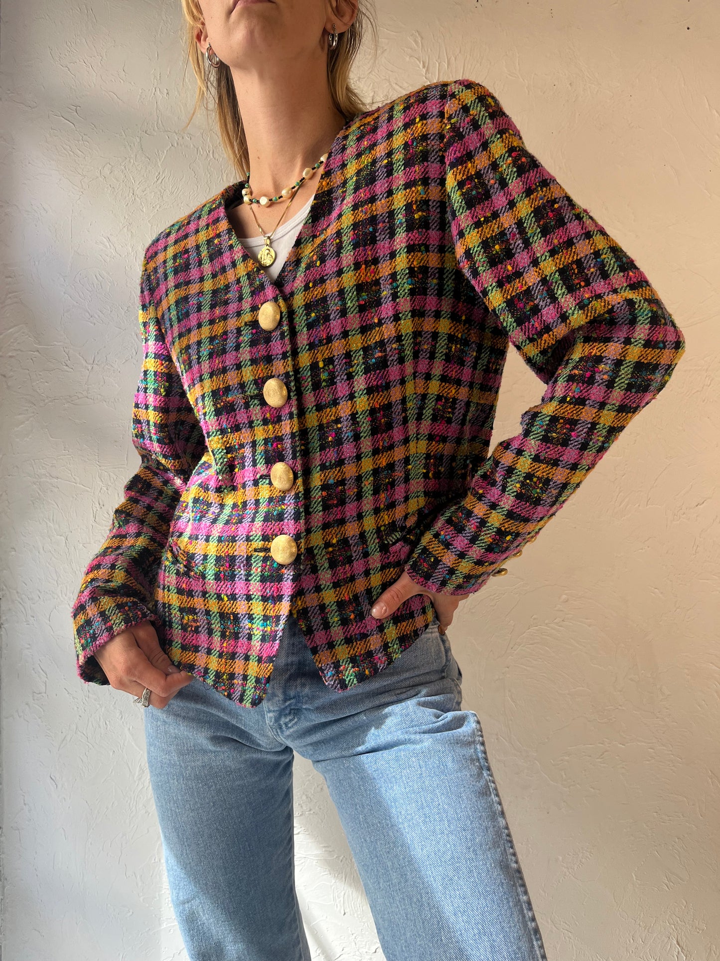 90s 'Studio J' Rainbow Tweed Jacket / Medium