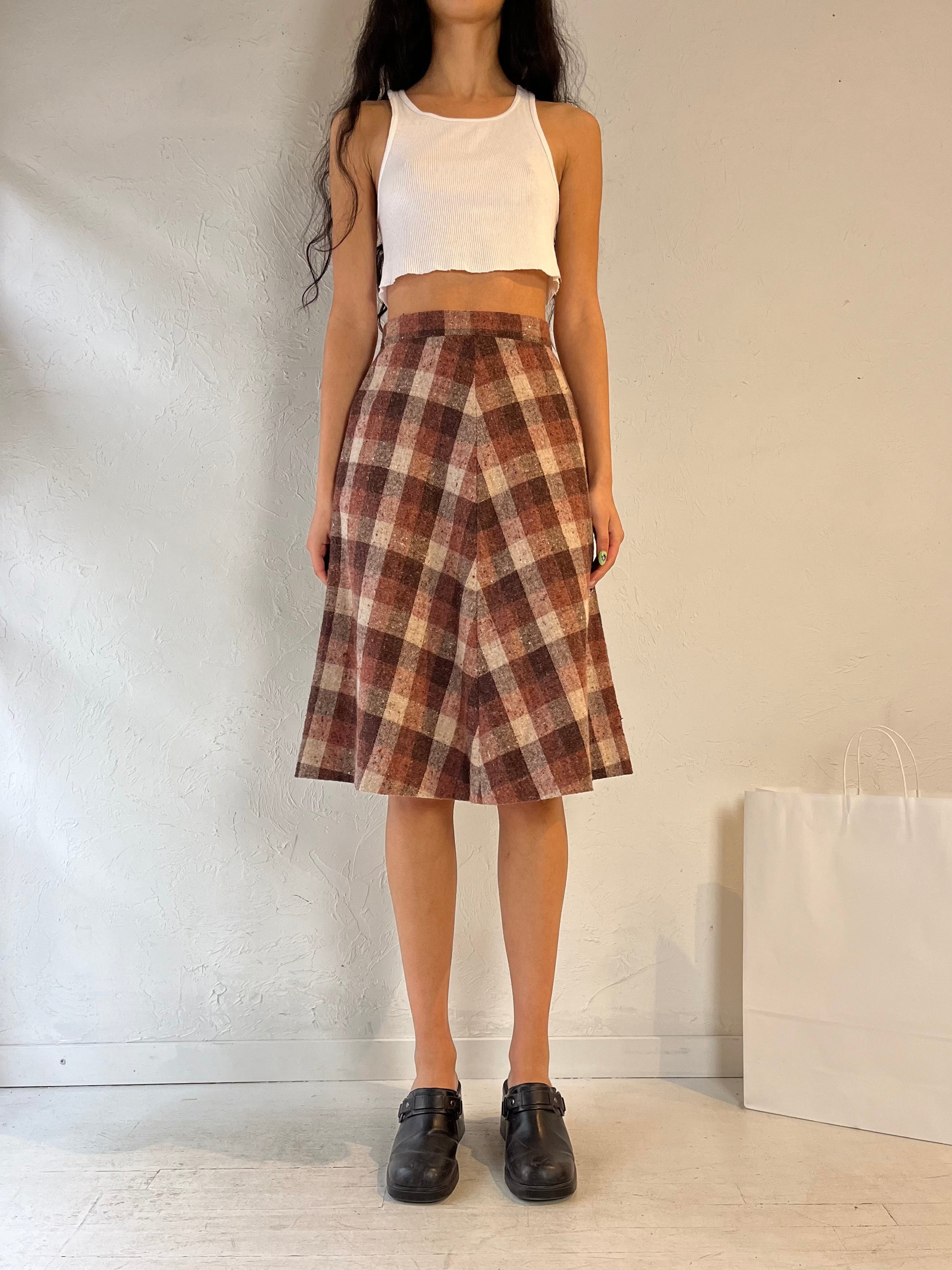 Vintage Handmade Plaid Wool Midi Skirt / XS