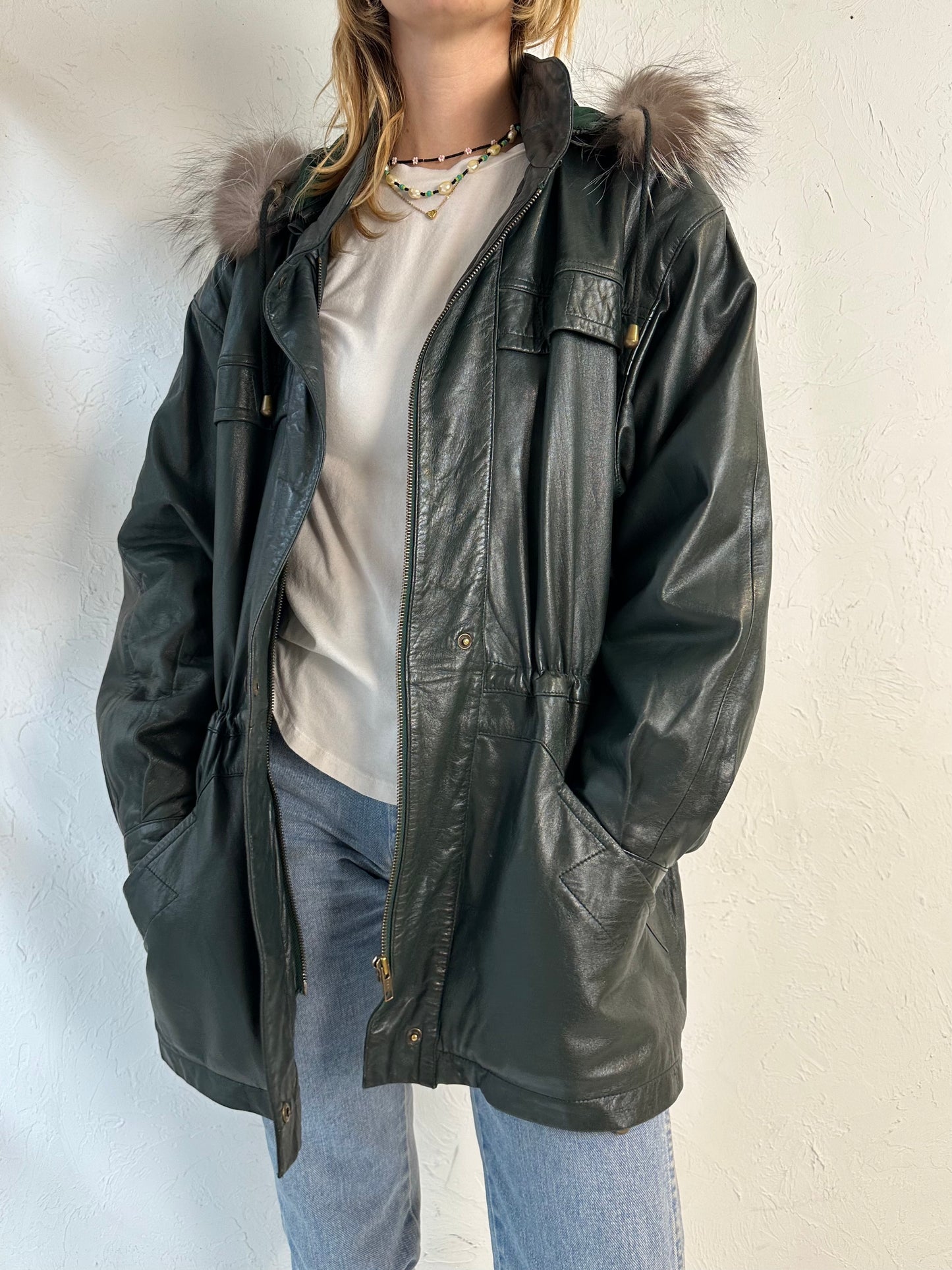 Y2k 'New Trend' Green Leather Drawstring Jacket / Medium