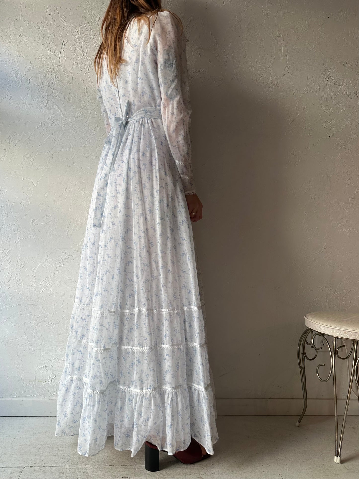 70s 'Candy Jones' Blue Floral Long Sleeve Peasant Dress / Small