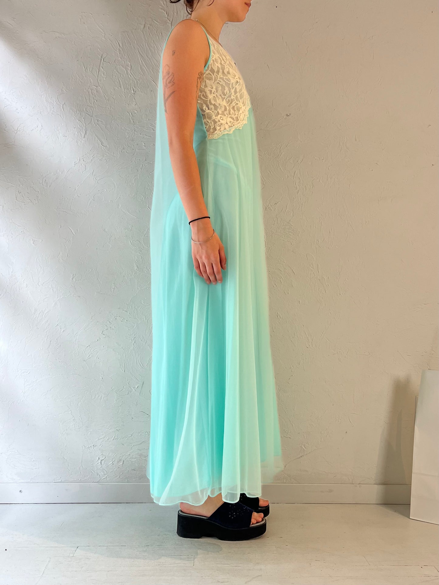 80s 'Linda Lingerie' Blue Night Gown Robe Set / Small - Medium
