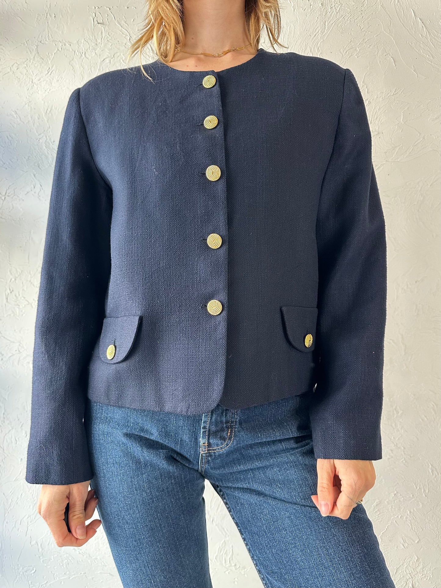 90s 'Appleseeds' Navy Blue Knit Rayon Jacket / Large