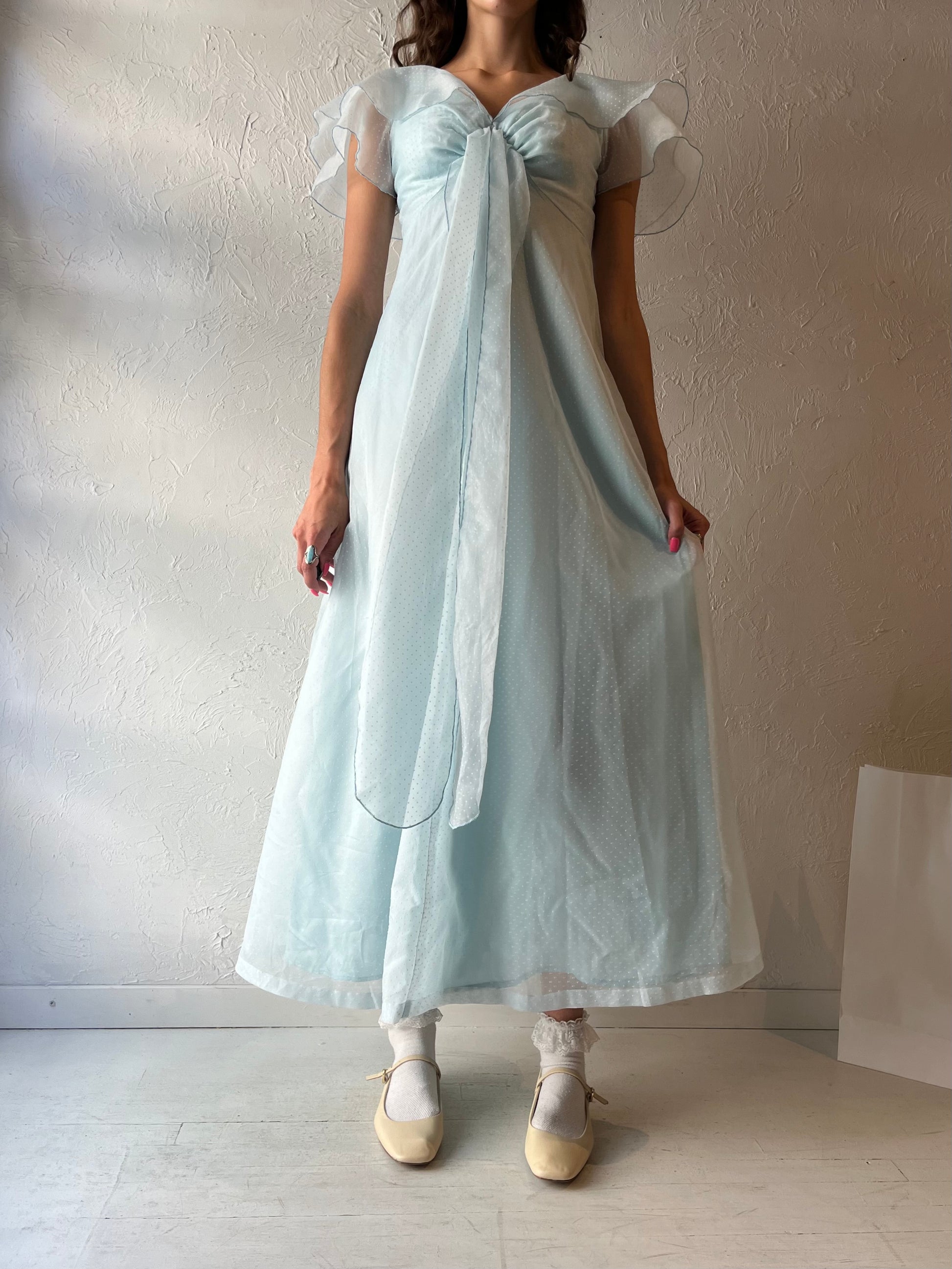 70s 'Pussy Cat' Baby Blue Maxi Dress / Small
