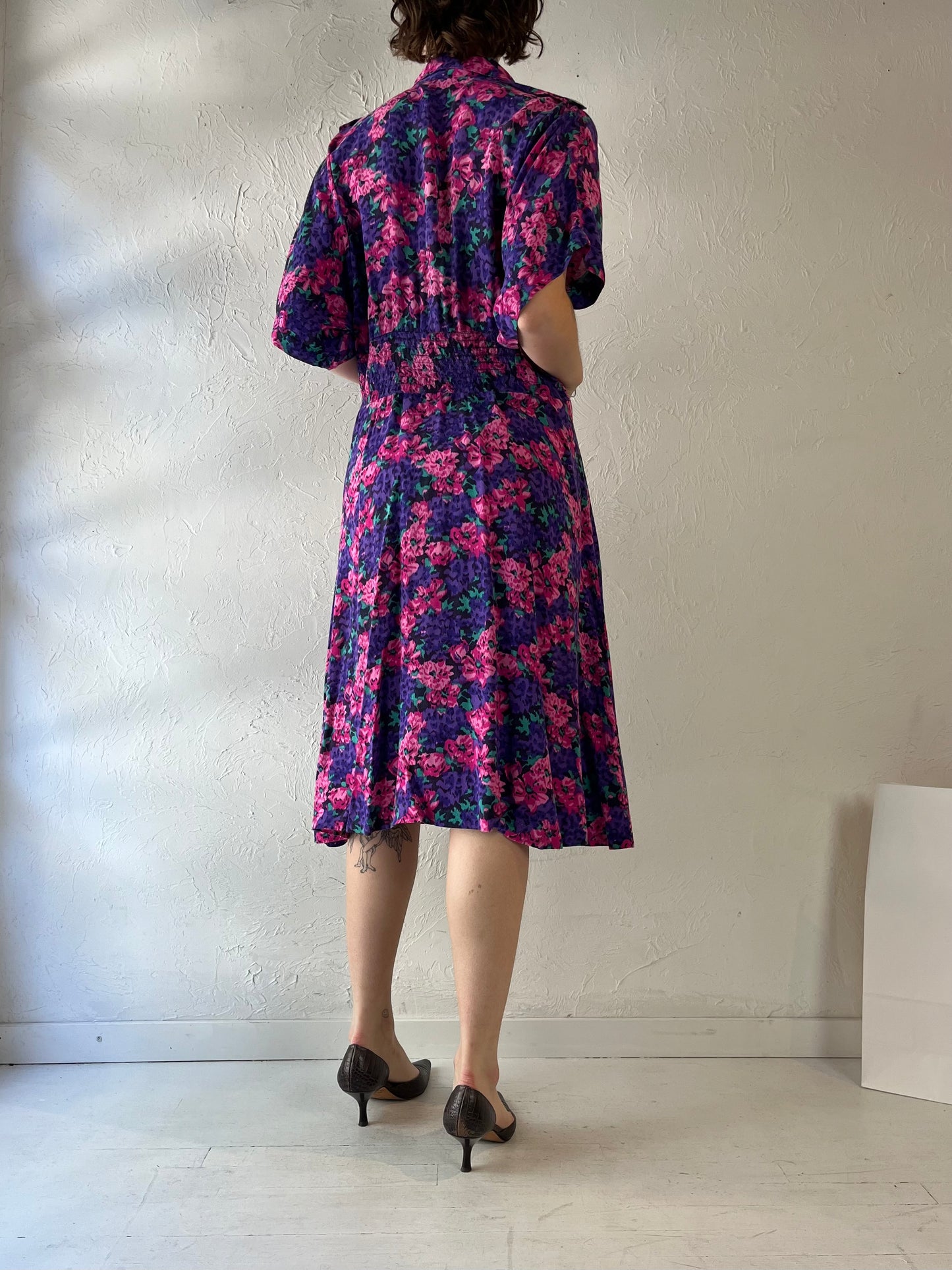 90s 'Caroline Wells' Floral Print Rayon Dress / Medium