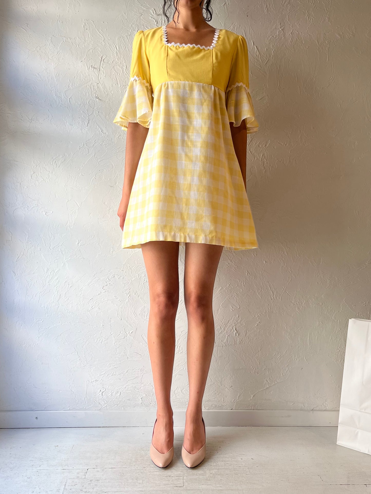 70s Hand Made Yellow Bell Sleeve Mini Dress / Small