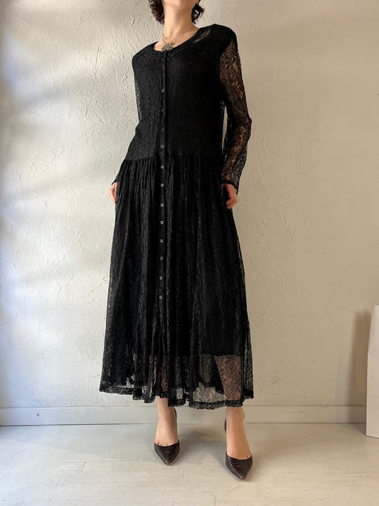 90s 'Carol Horn' Black Lace Maxi Dress / Large