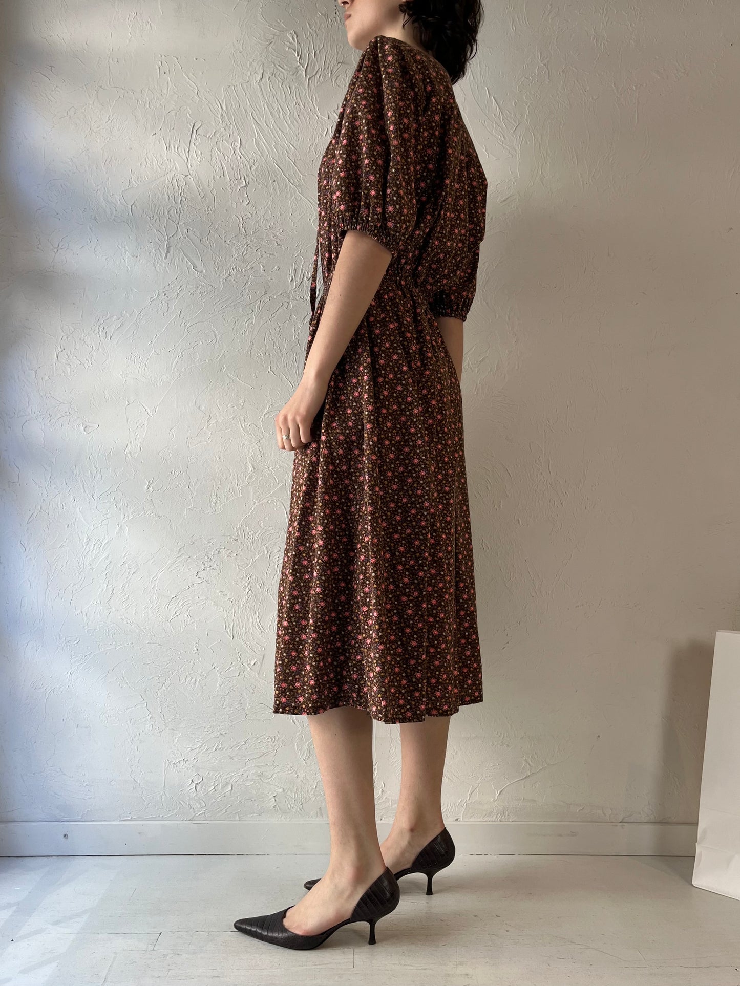 90s Handmade Brown Floral Print Midi Dress / Medium