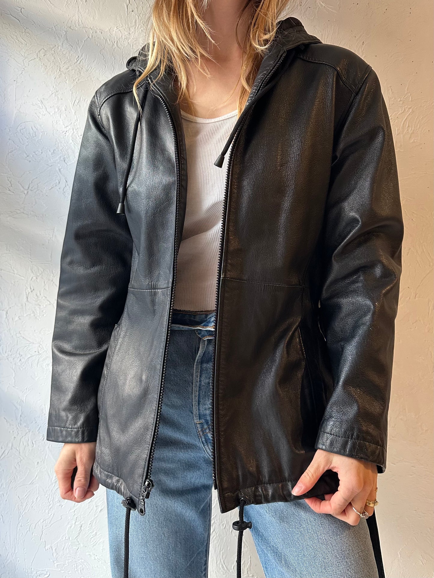 90s ‘Pelle’ Black Leather Hooded Jacket / Medium
