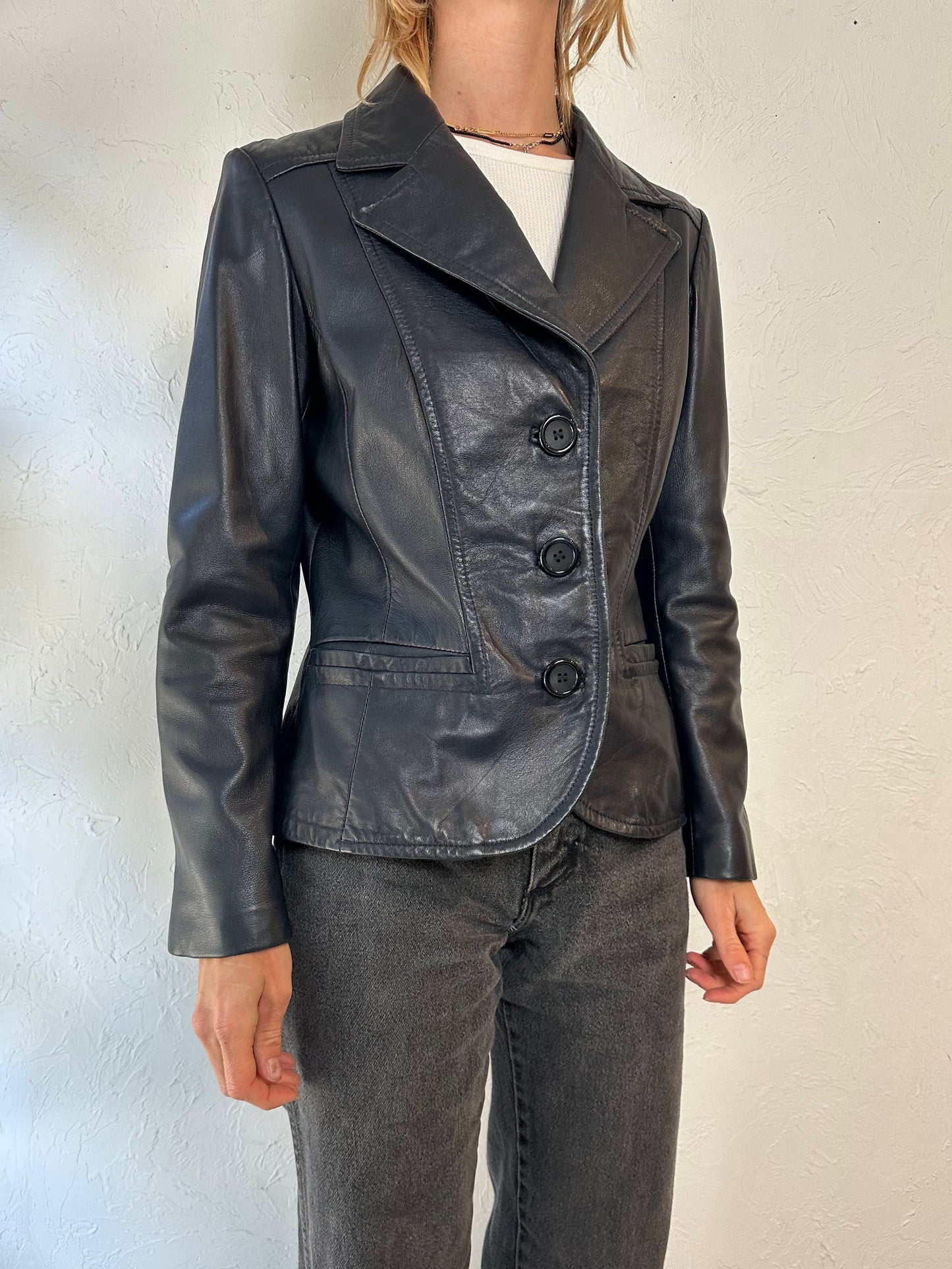 90s 'Danier' Fitted Black Leather Jacket / Medium