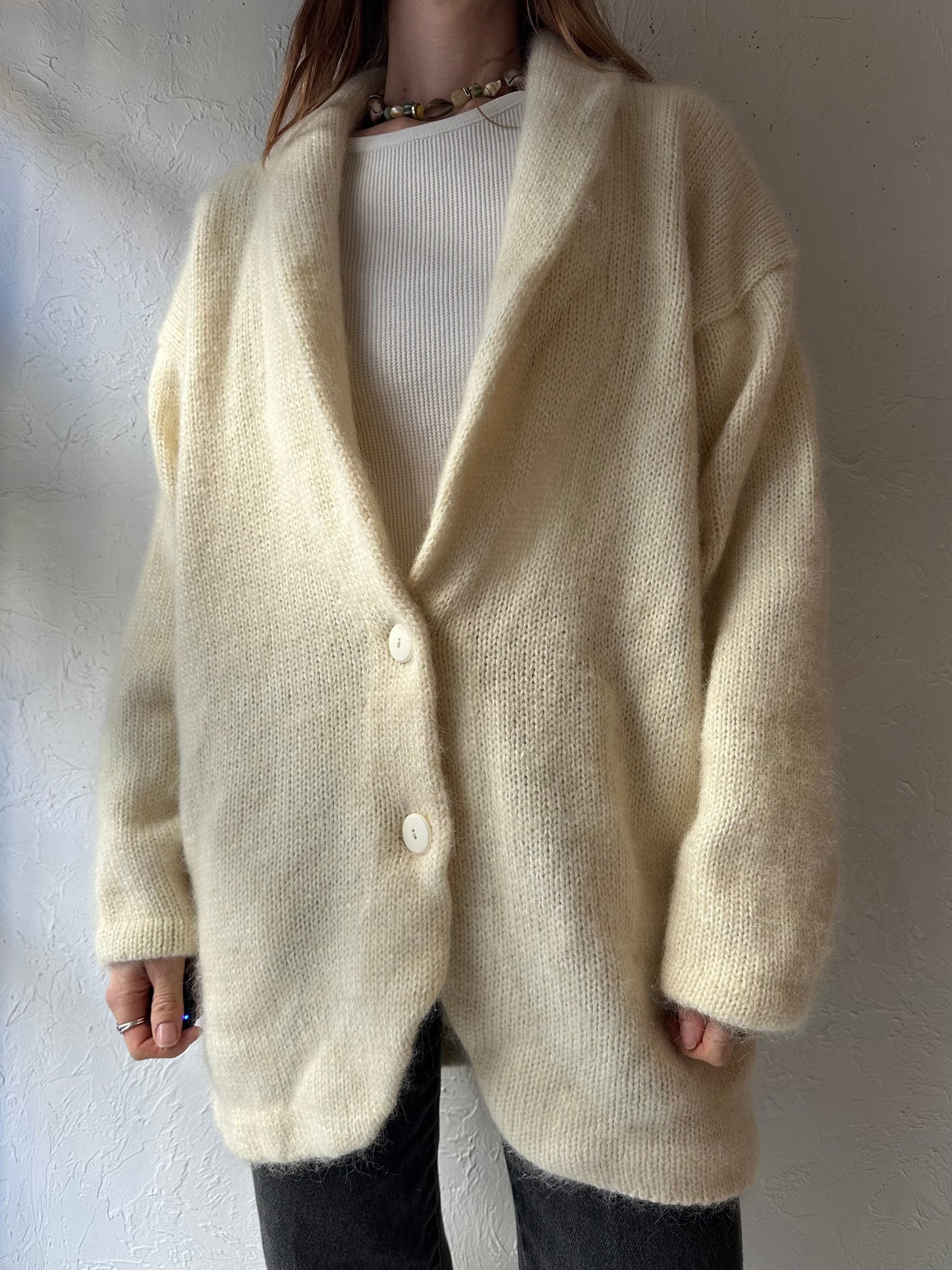 80s 'Cin Cin' Cream Knit Cardigan Sweater / Medium