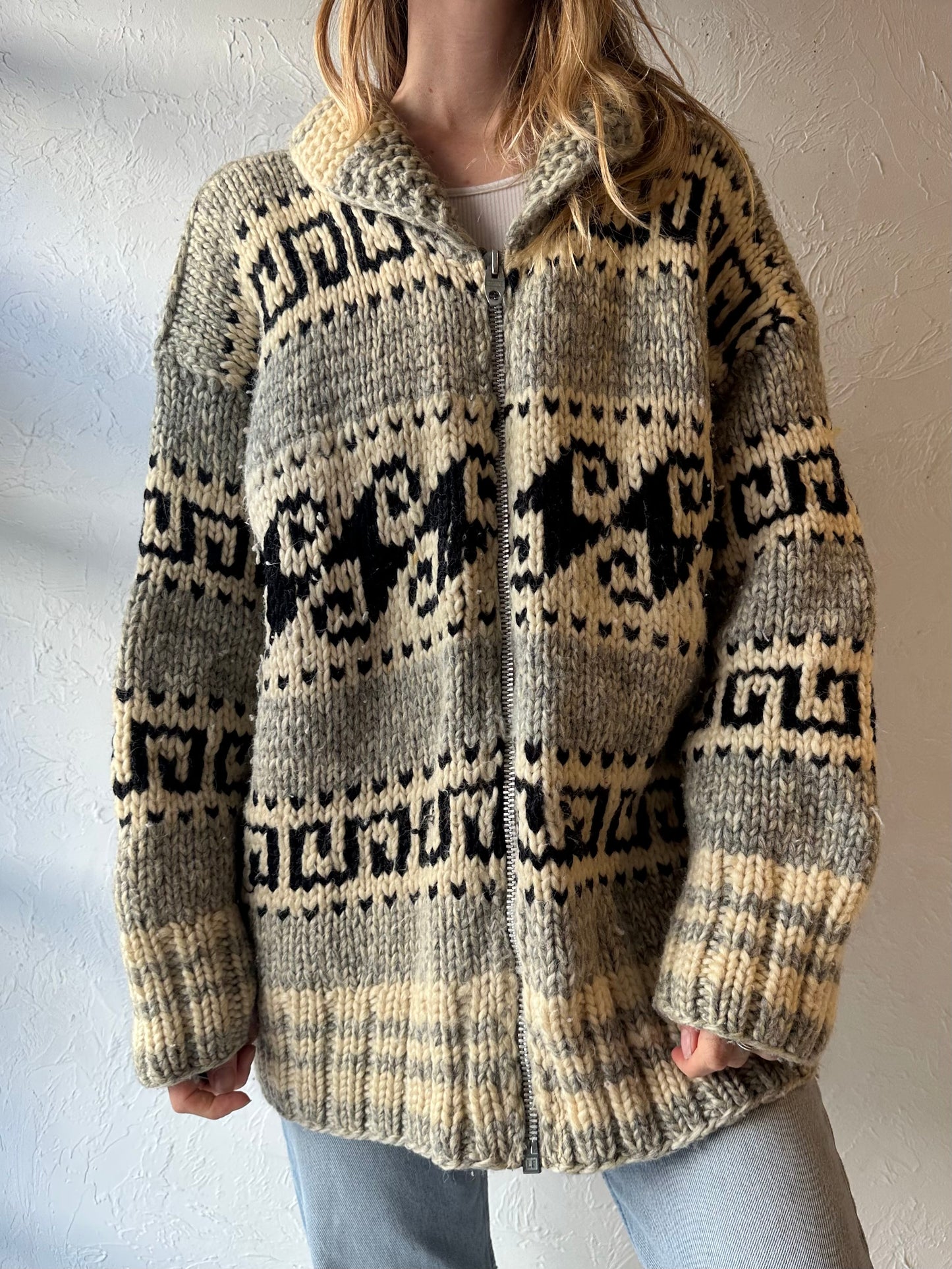 70s Hand Knit Wool Zip-Up Sweater / Large