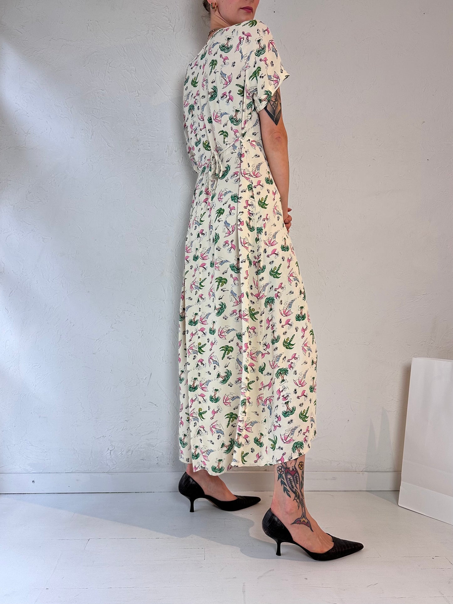 90s 'Kamellia' Flamingo Print Dress / Medium