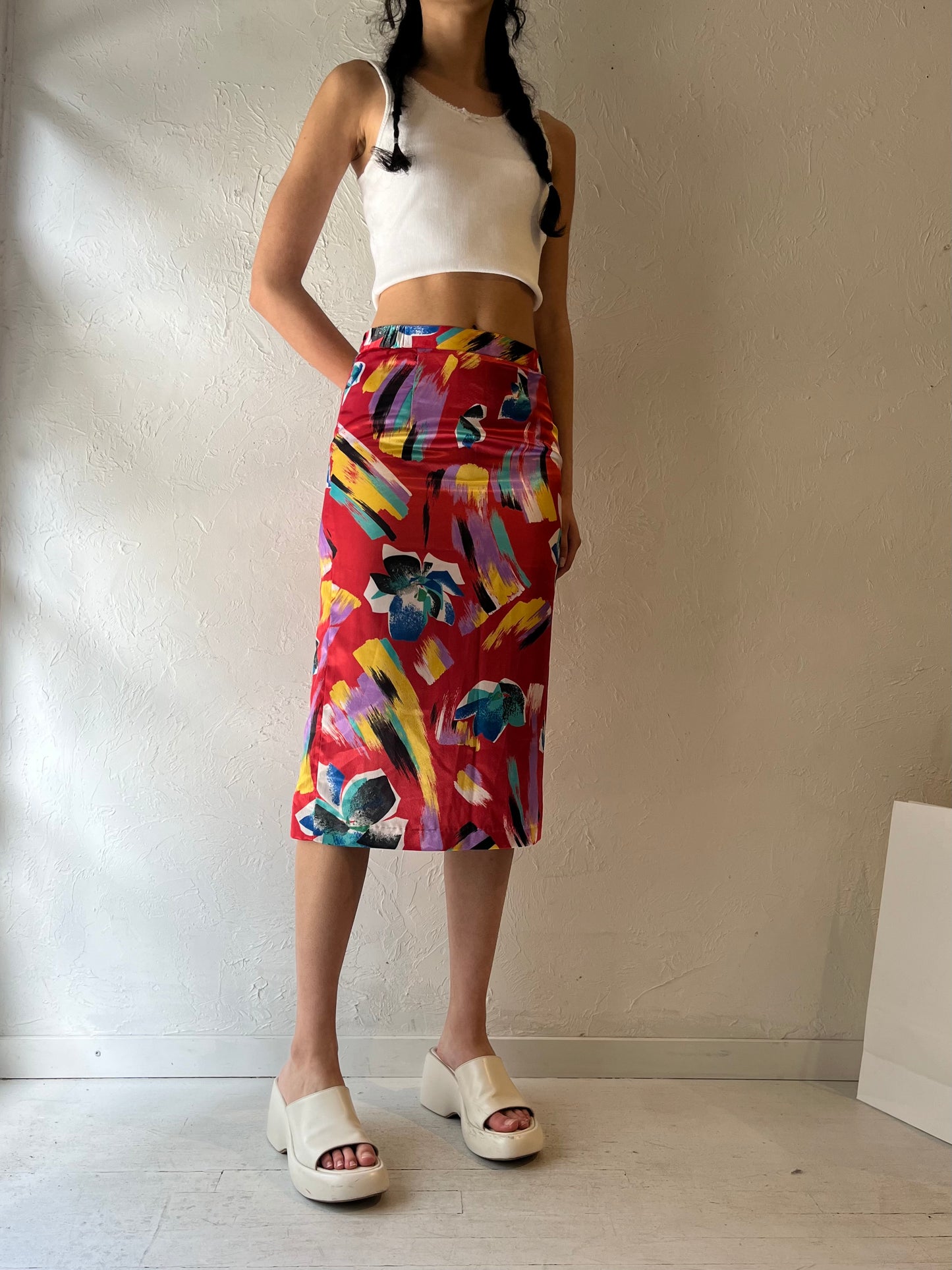 80s ‘Vivian’ Red Patterned High Waisted Midi Skirt / Small