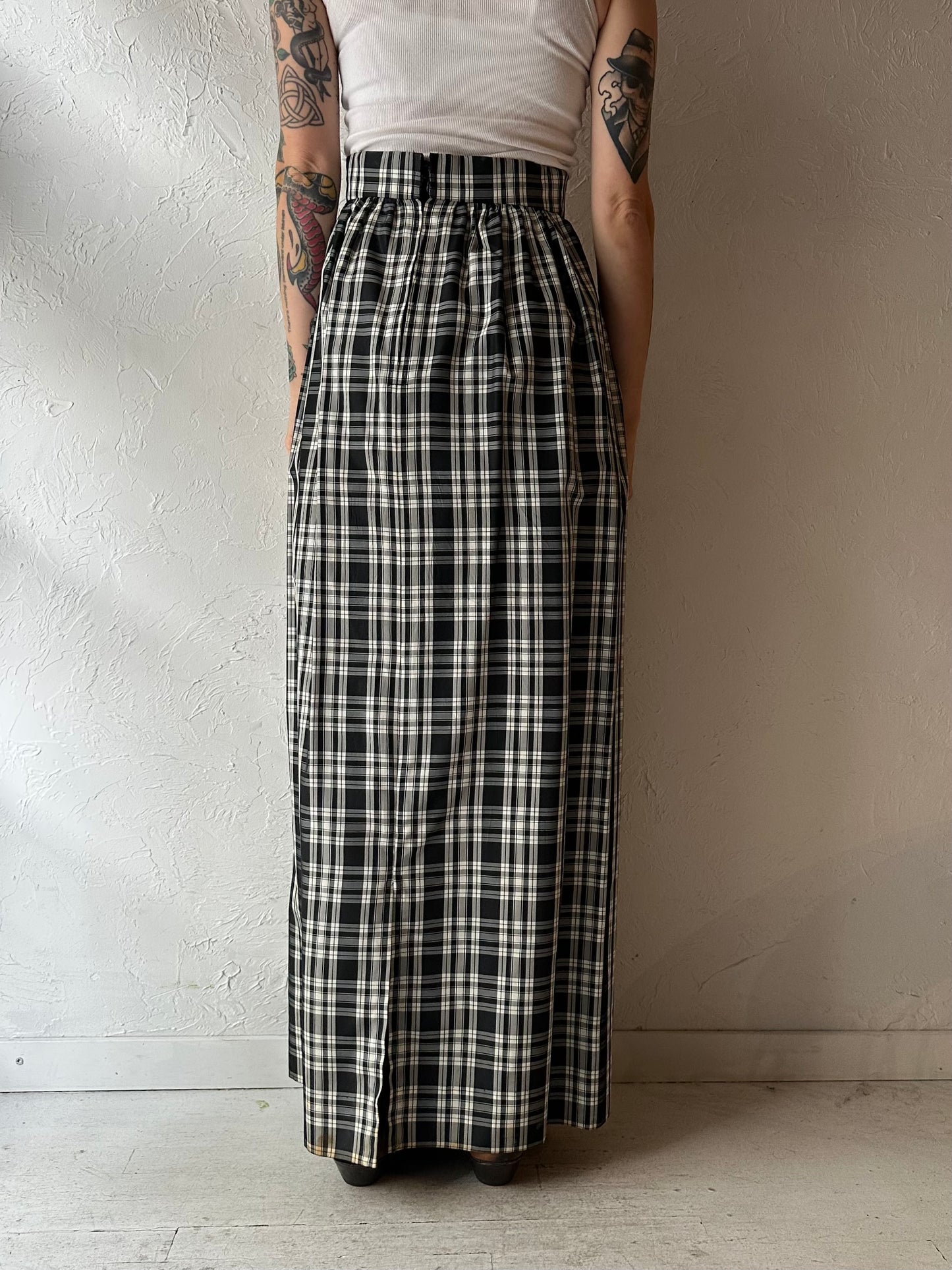 Vintage Handmade Black Plaid Maxi Skirt / Small
