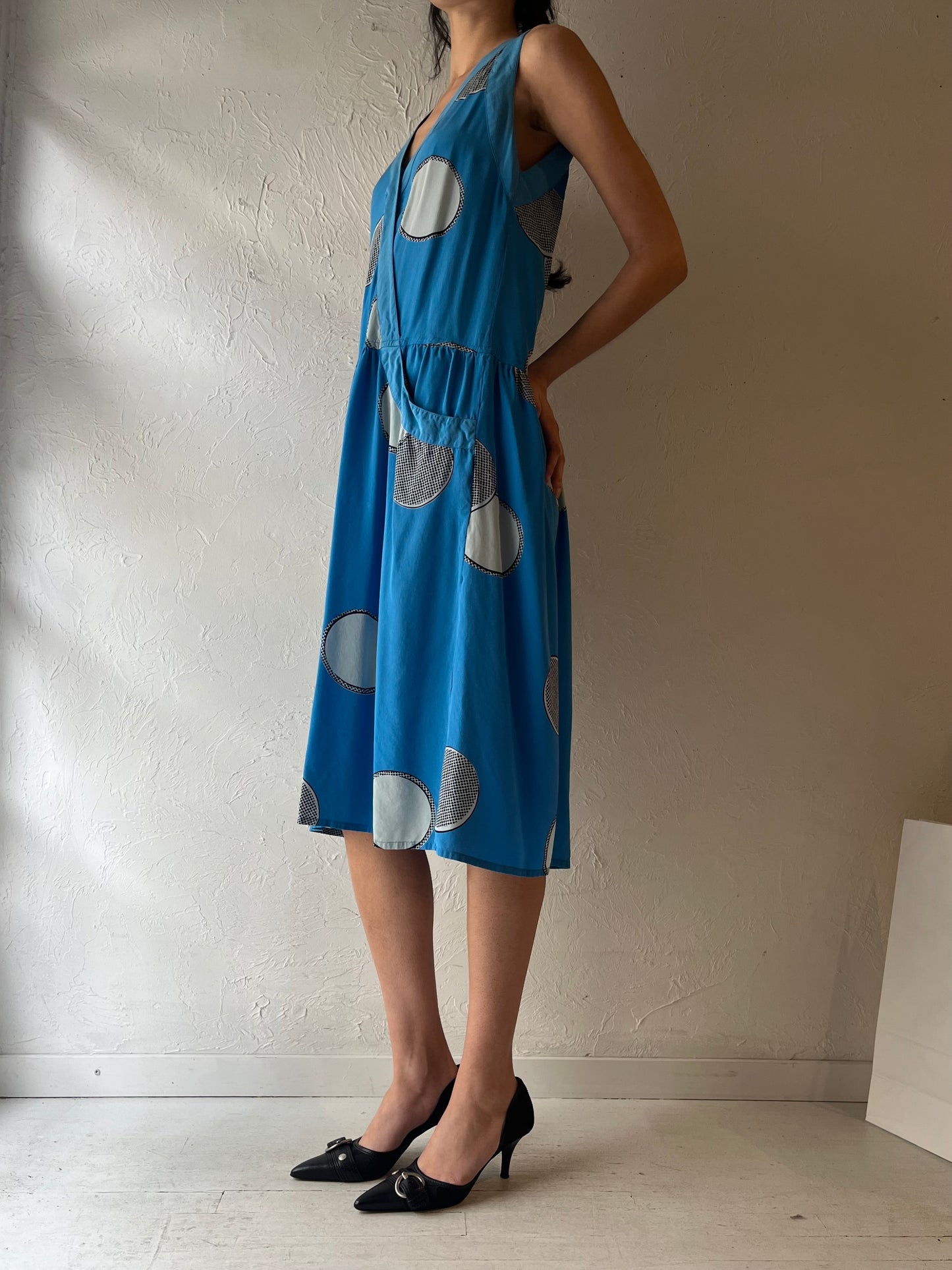 90s ‘Soo Yung Lee’ Blue Patterned Silk Dress / Small