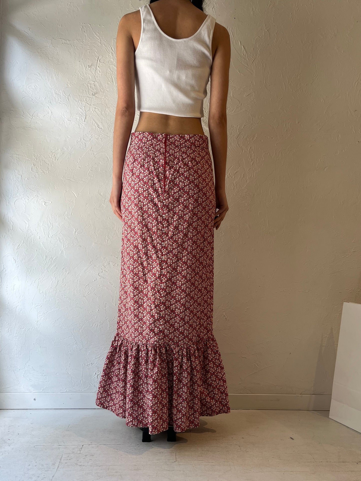 Vintage Handmade Red Floral Print Maxi Skirt / Medium