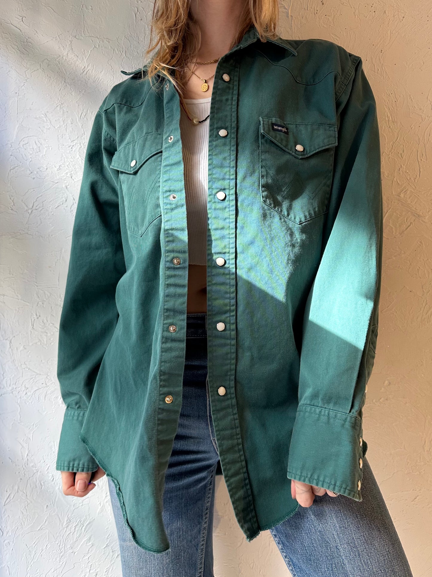 Y2k 'Wrangler' Green Thick Cotton Pearl Snap Shirt / Medium