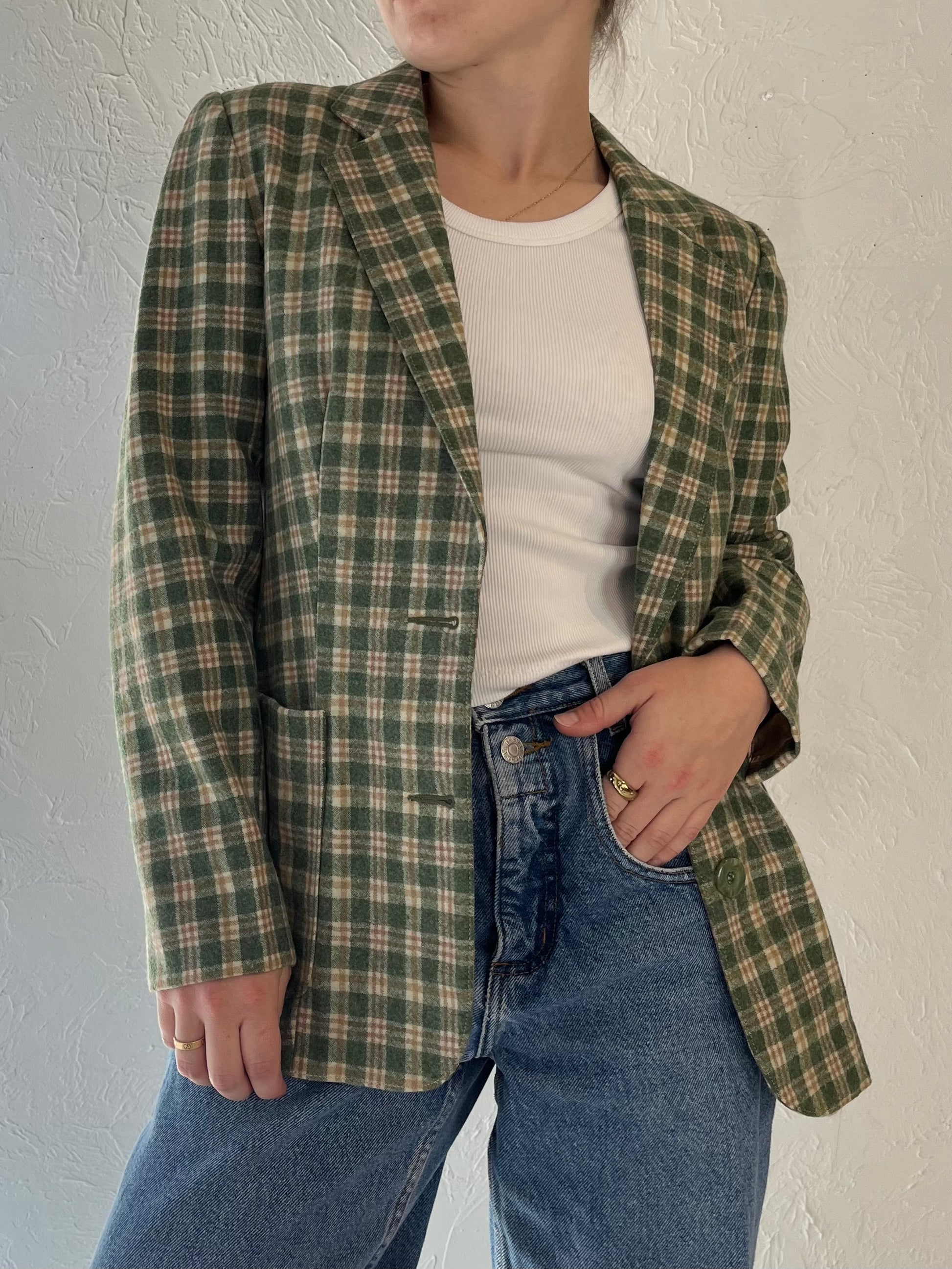 Vintage Green Plaid Knit Blazer Jacket / Small