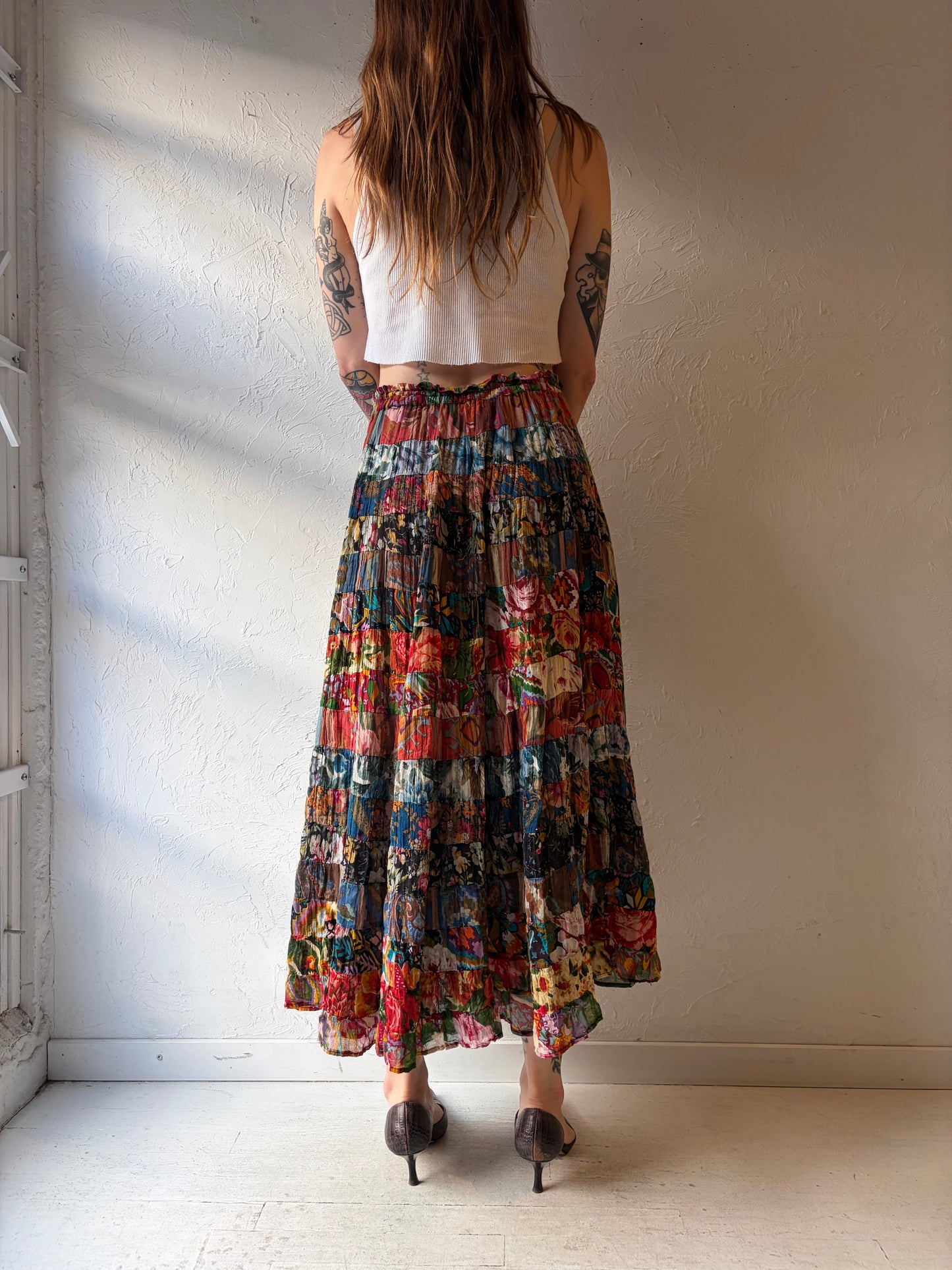 90s Floral Cottage Core Teared Summer Skirt / Vintage 1990s Prairie Girl Flowy Skirt / Small - Medium