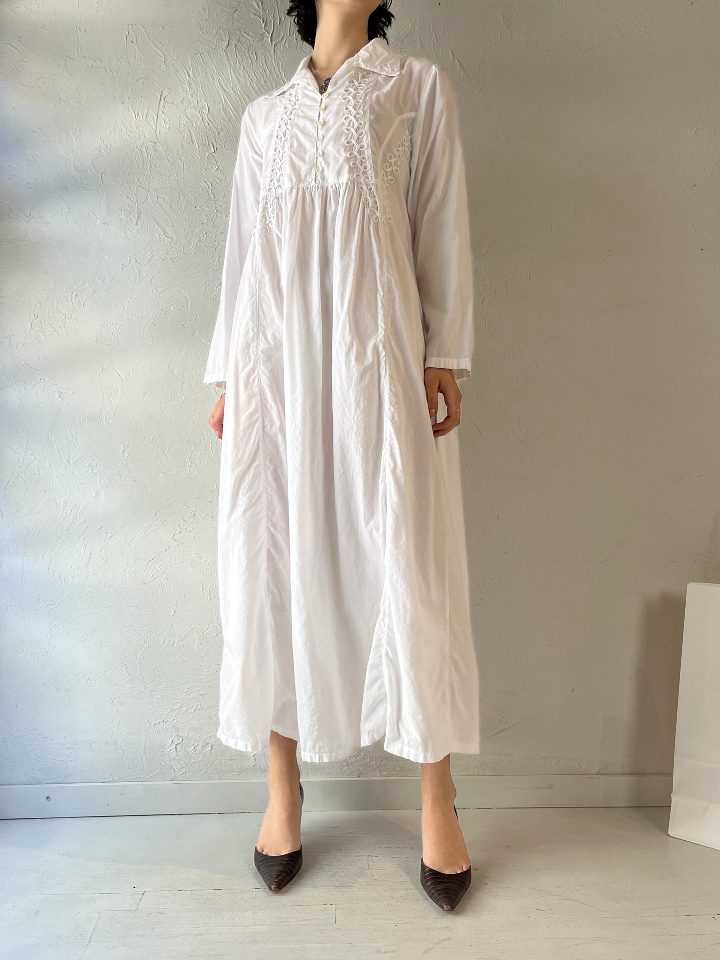 90s 'April Cornell' White Cotton Oversized Maxi Dress / Small