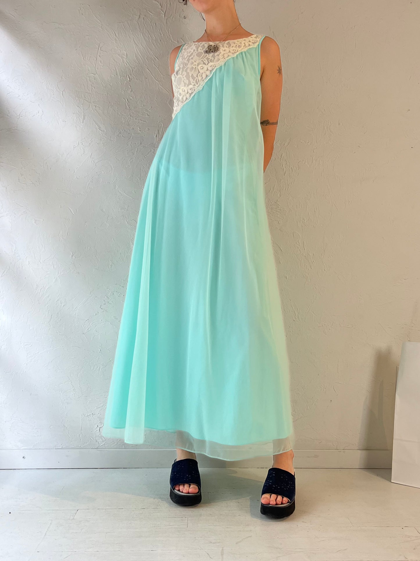80s 'Linda Lingerie' Blue Night Gown Robe Set / Small - Medium