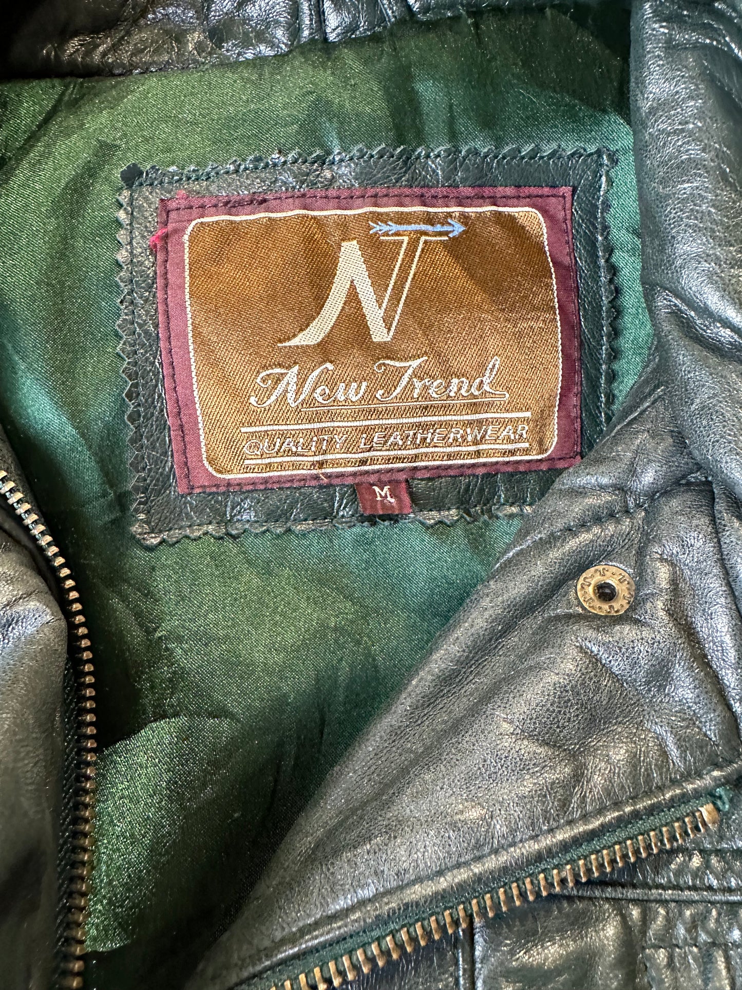 Y2k 'New Trend' Green Leather Drawstring Jacket / Medium