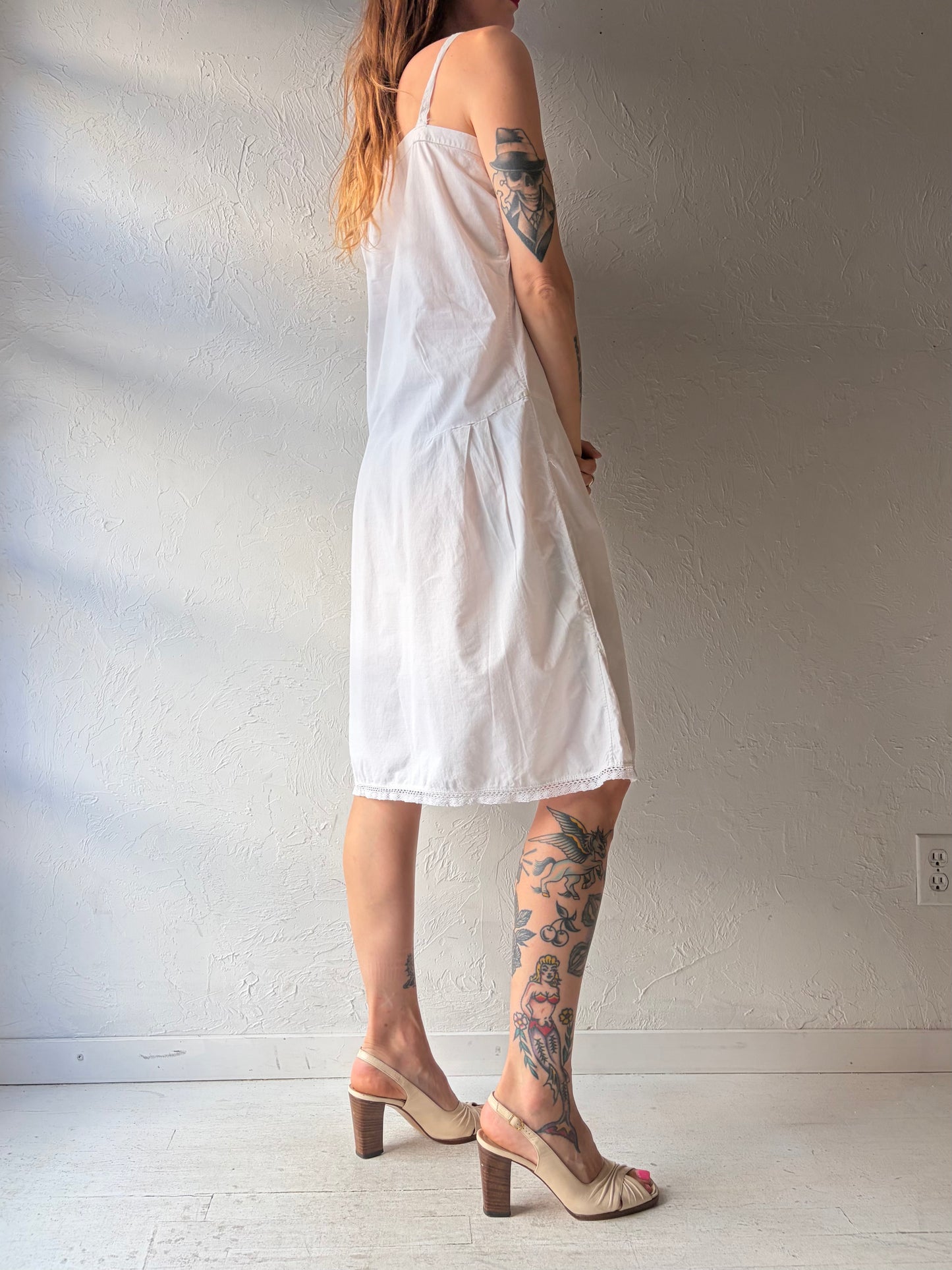 60s Handmade White Cotton Midi Dress / Medium