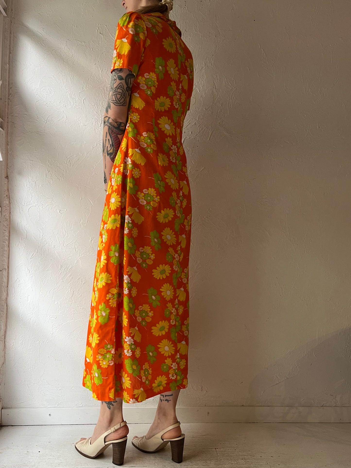 70s Orange Floral Midi Dress / Small
