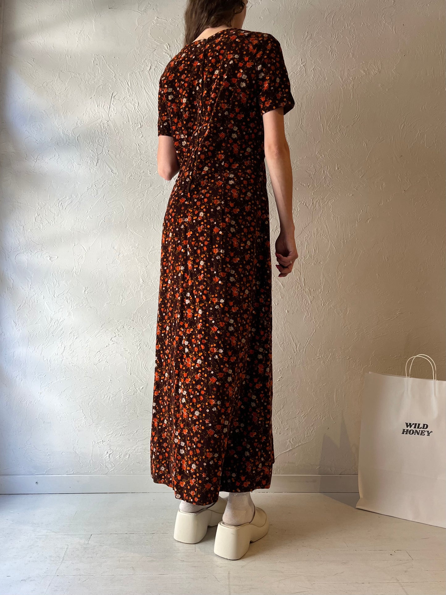 Vintage Handmade Brown Velvet Floral Dress / Medium