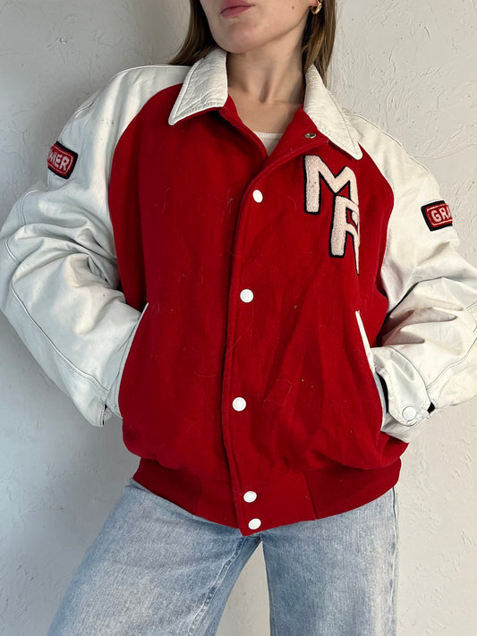 80s 'Team Sales' Red Varsity Bomber Jacket / Small